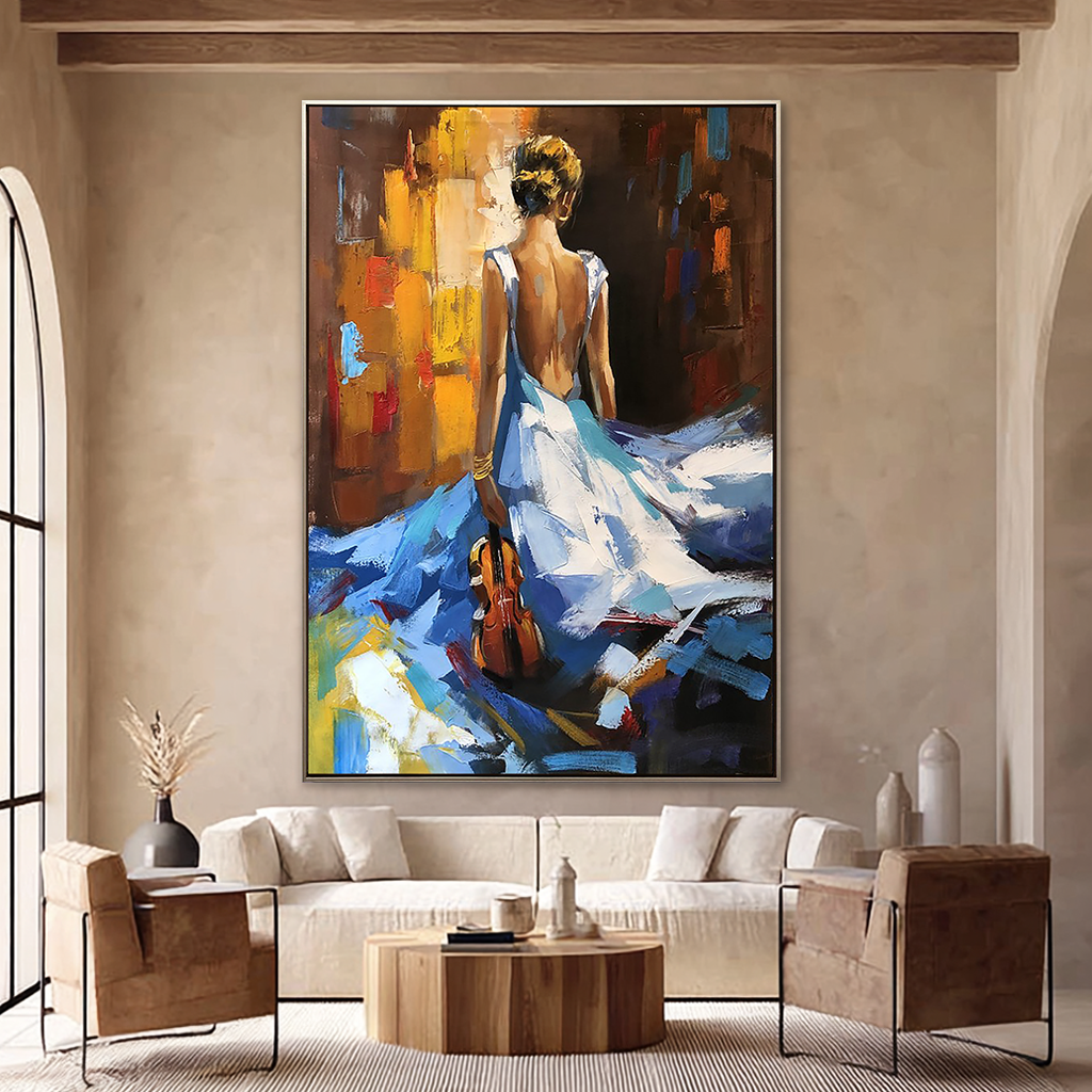 Azure Sonata – Elegant Lady in Blue Gown Impasto Painting | Contemporary Expressionist Living Room & Office Art