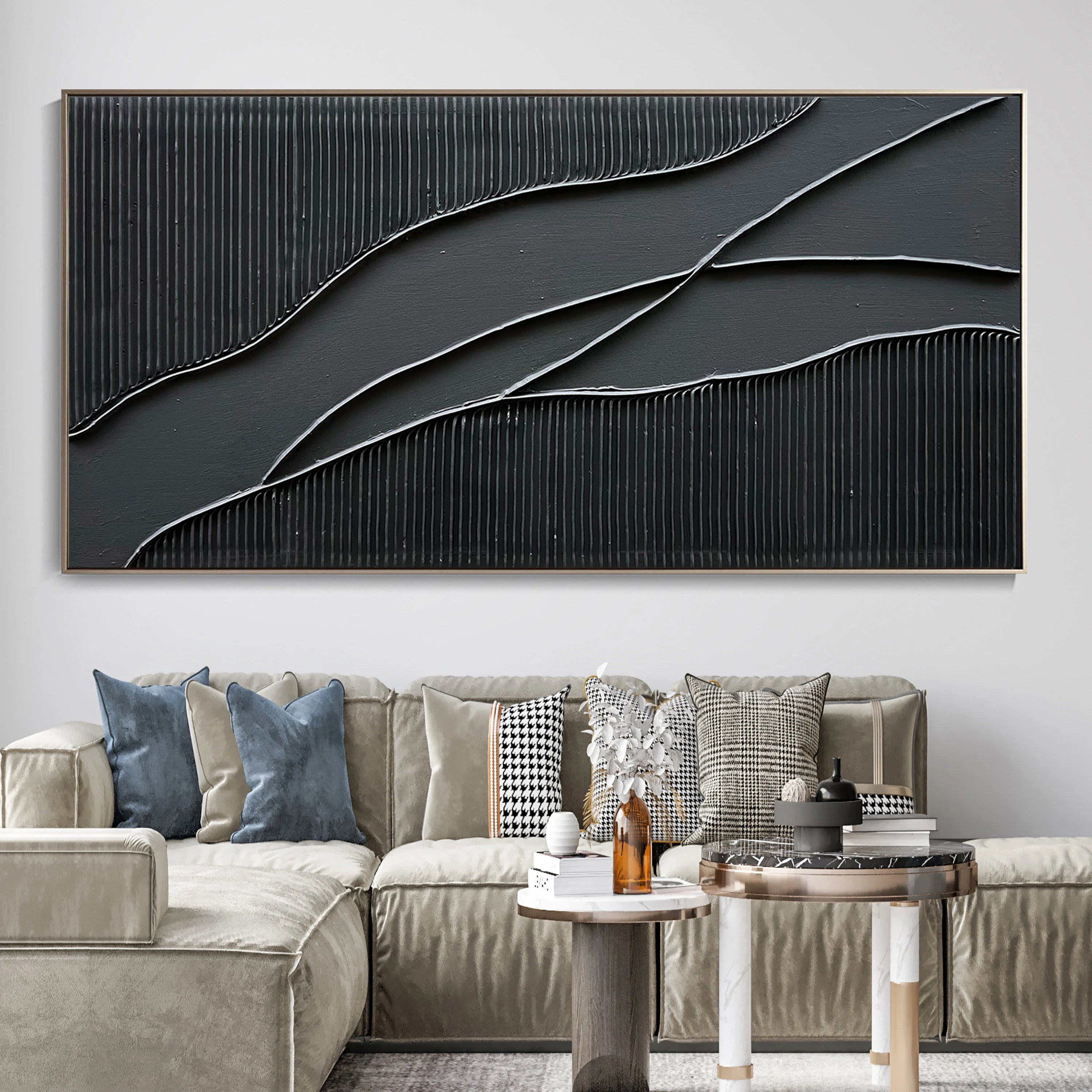 Obsidian Flow – Modern 3D Linear Abstract Minimalist Painting | Bold Minimalist Bedroom & Home Office Art