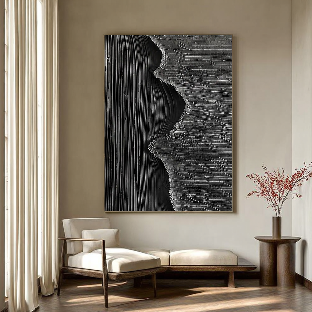 Dark Pulse – Hand-Painted All-Black High-Density Linear Plaster Relief Texture Painting | Modern Industrial Plaster Home Office & Living Room Art
