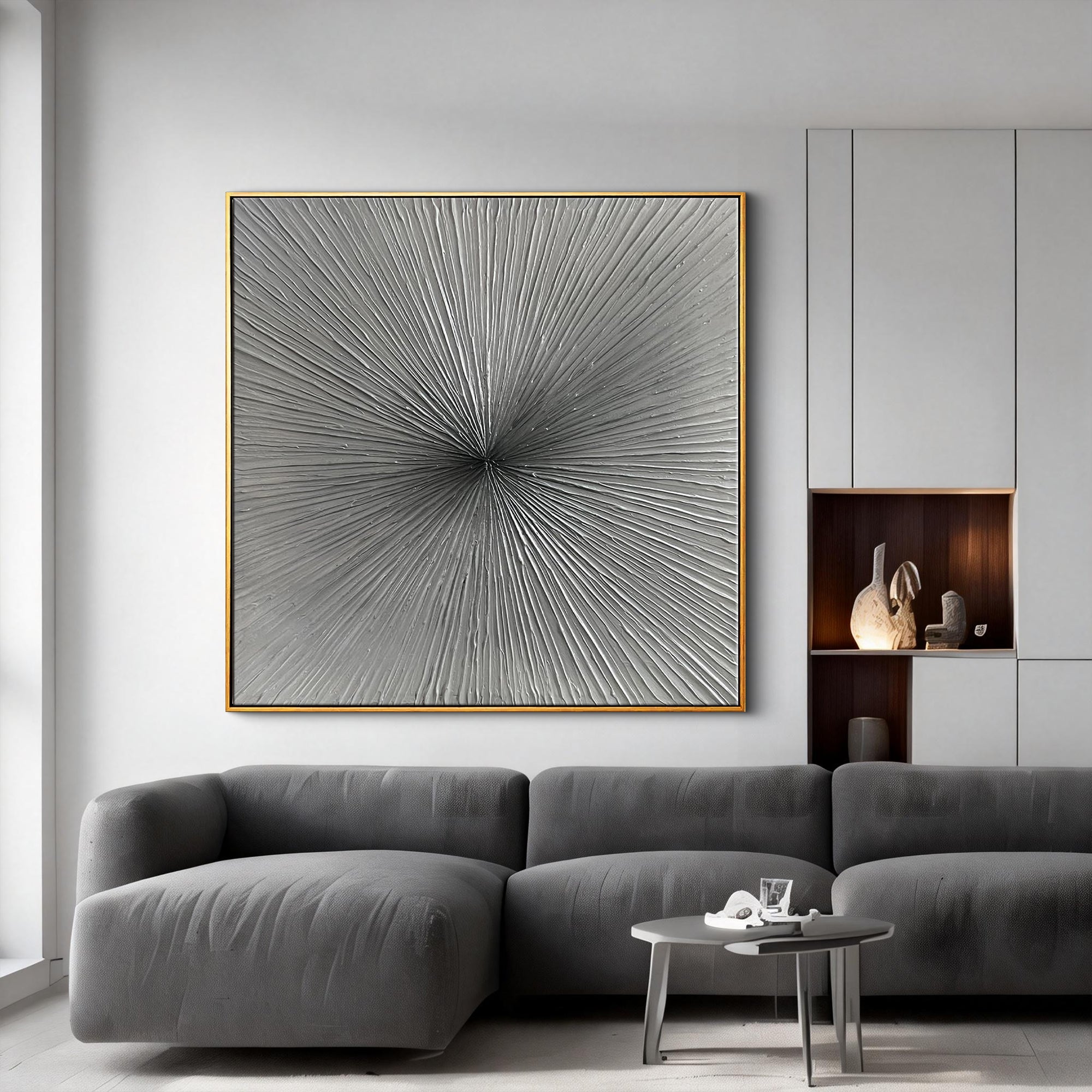 Silver Radiance – Textured Silver Gray Linear Abstract Painting | Modern Minimalist Living Room Wall Art