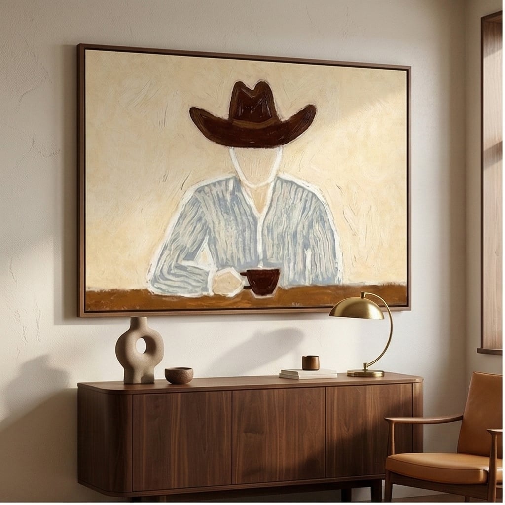 Morning Cup in Silence – Neutral Wide Hat Figure Painting | Modern Figurative Horizontal Wall Art