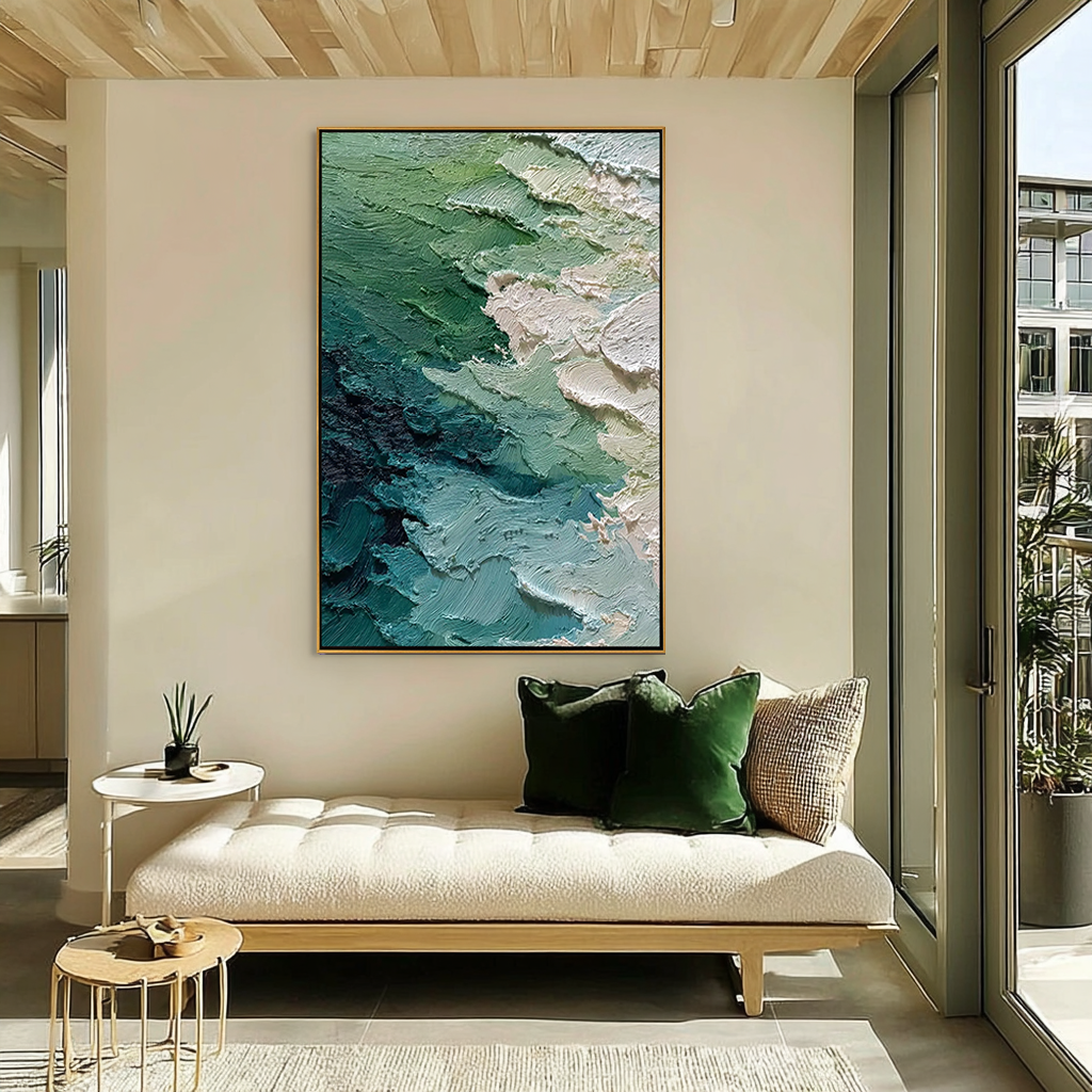 Moss Strata – Sage Green Abstract Shoreline Wabi-Sabi Painting | Japandi Wabi-Sabi Living Room & Bedroom Art