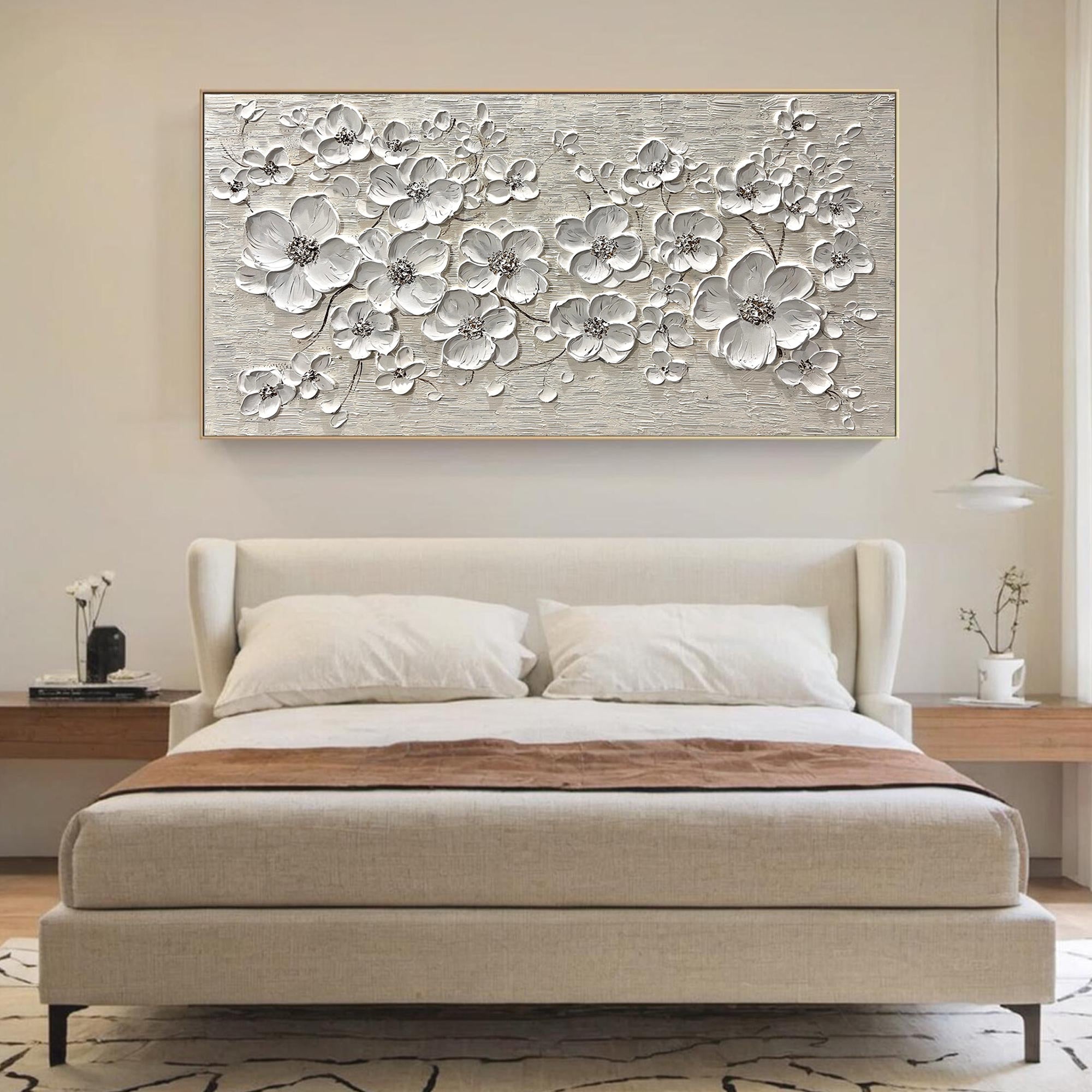 White Harmony – Hand-Painted 3D Impasto White Blossom Floral Painting | Contemporary Botanical Bedroom & Living Room Art