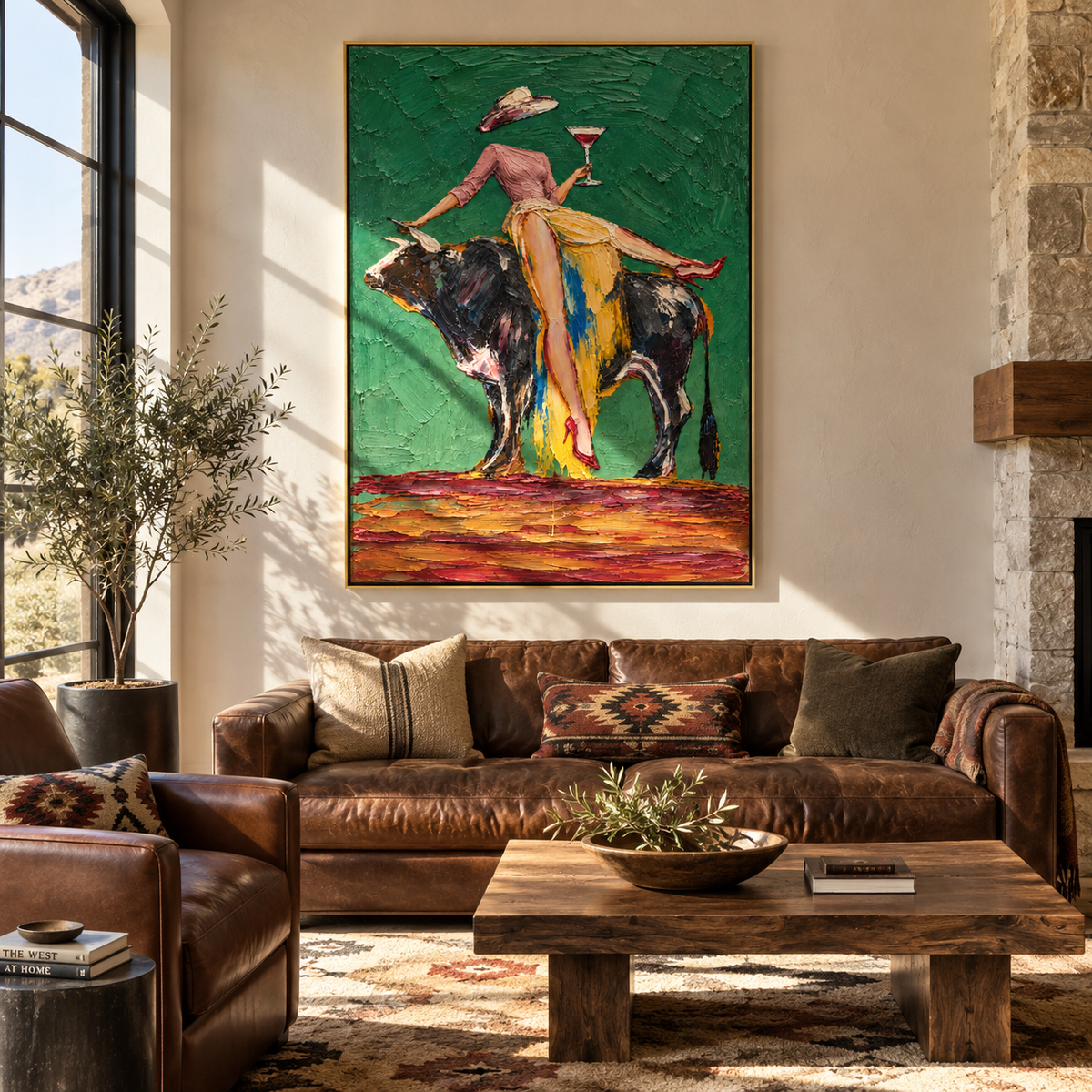 The Rodeo Toast – Vintage Americana Abstract Cowgirl & Bull Painting | Bold Western Living Room Wall Art