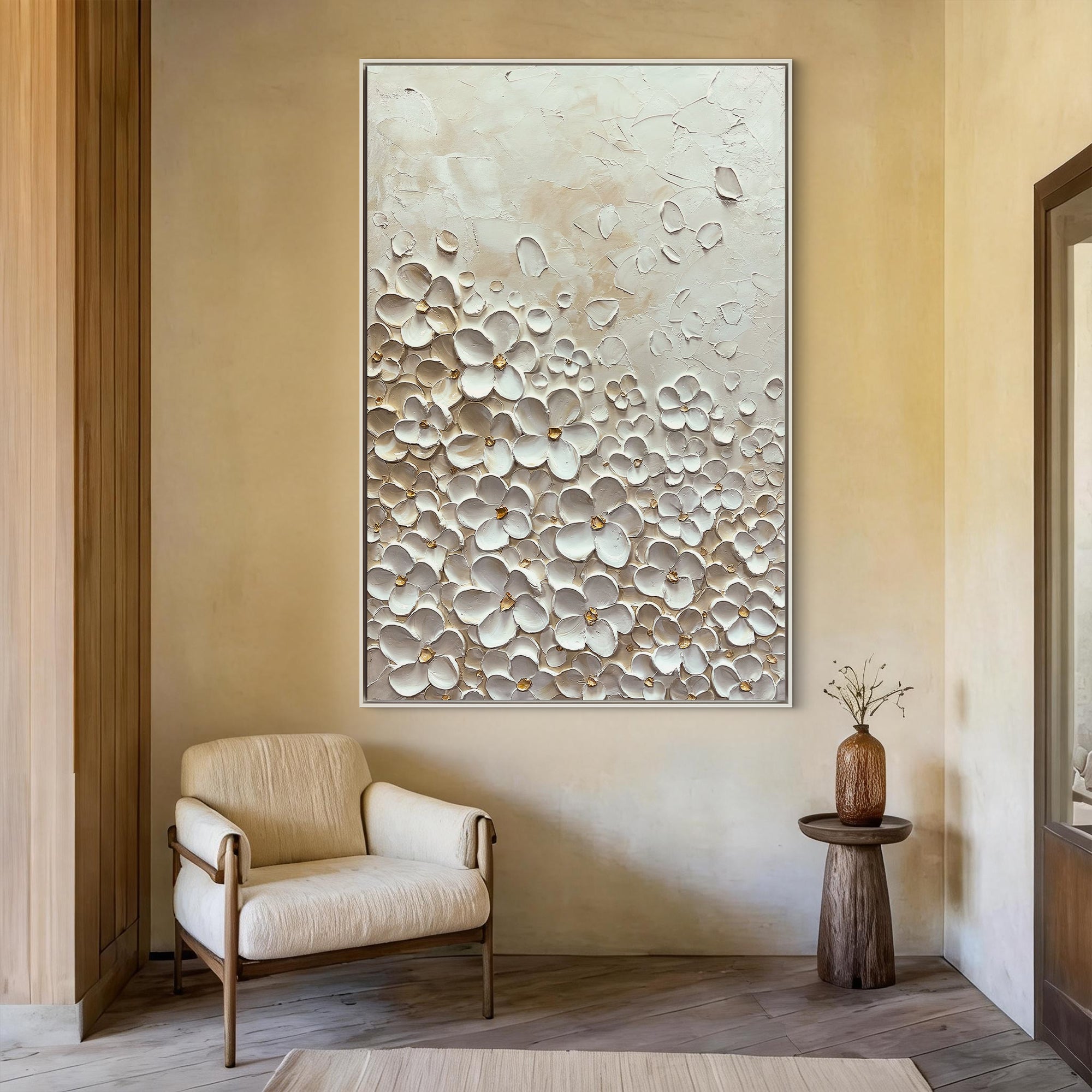 VANILLA BLOOM: 3D Heavy Texture White Flower Wall Art, Cream & Gold Relief Petal Painting