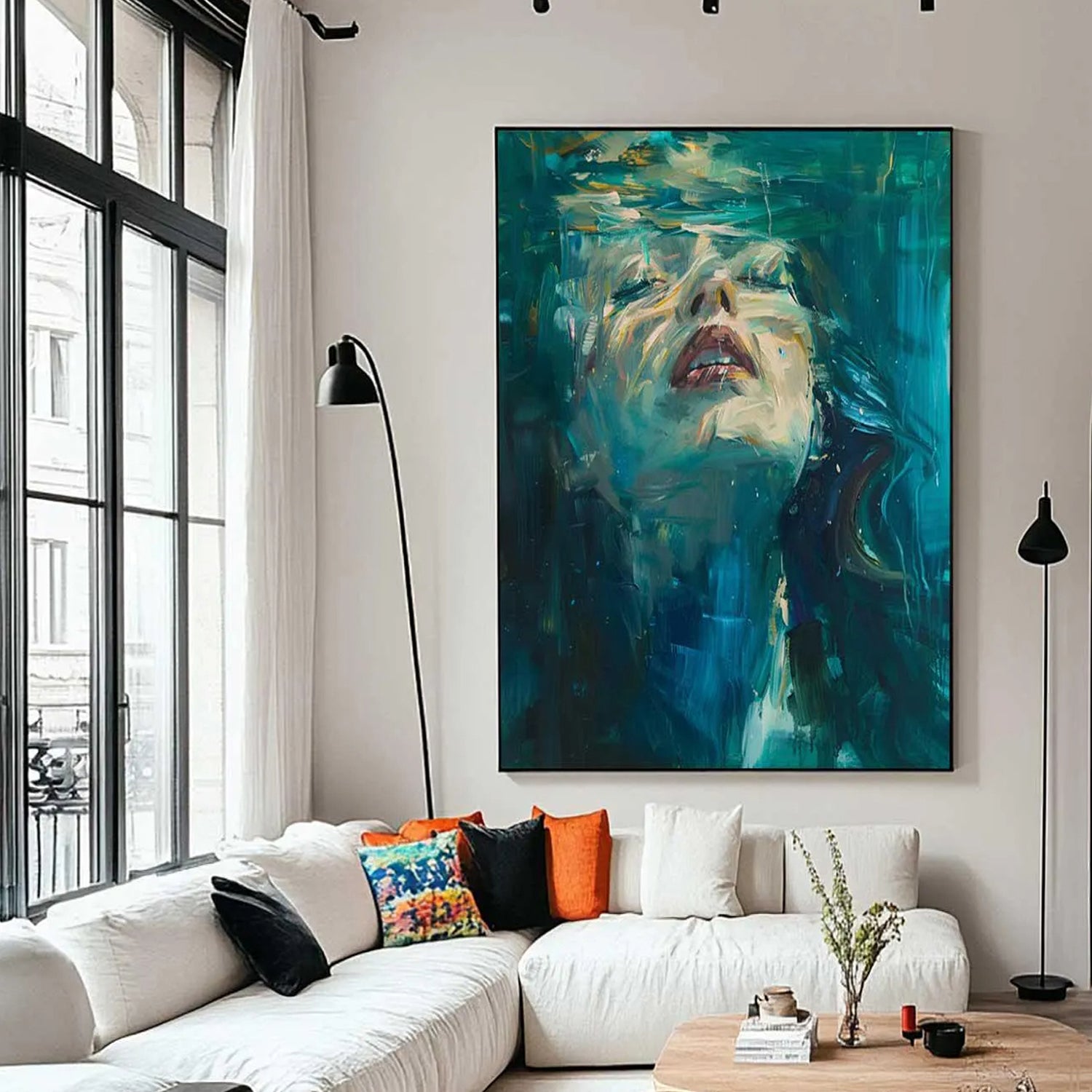 Aquatic Reverie – Hand-Painted Underwater Woman Figure Teal Blue Abstract Textured Oil Portrait Painting | Contemporary Expressionist Living Room & Office Art