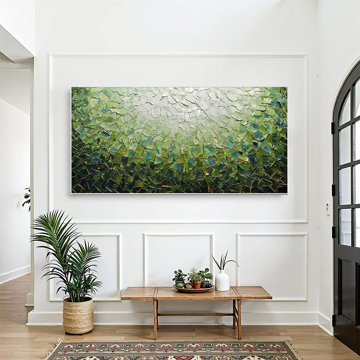 Emerald Radiance – Green and Gold Impasto Landscape Abstract Painting | Contemporary Landscape Living Room & Dining Room Art