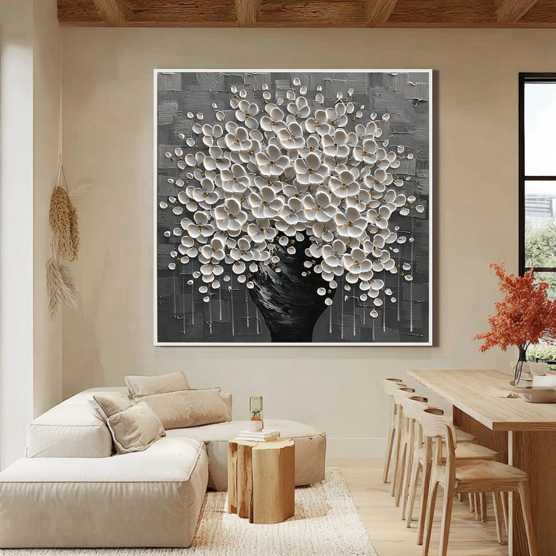 Silver Bloom – Luxury Monochrome Tree Relief Floral Painting | Minimalist Botanical Bedroom & Living Room Art