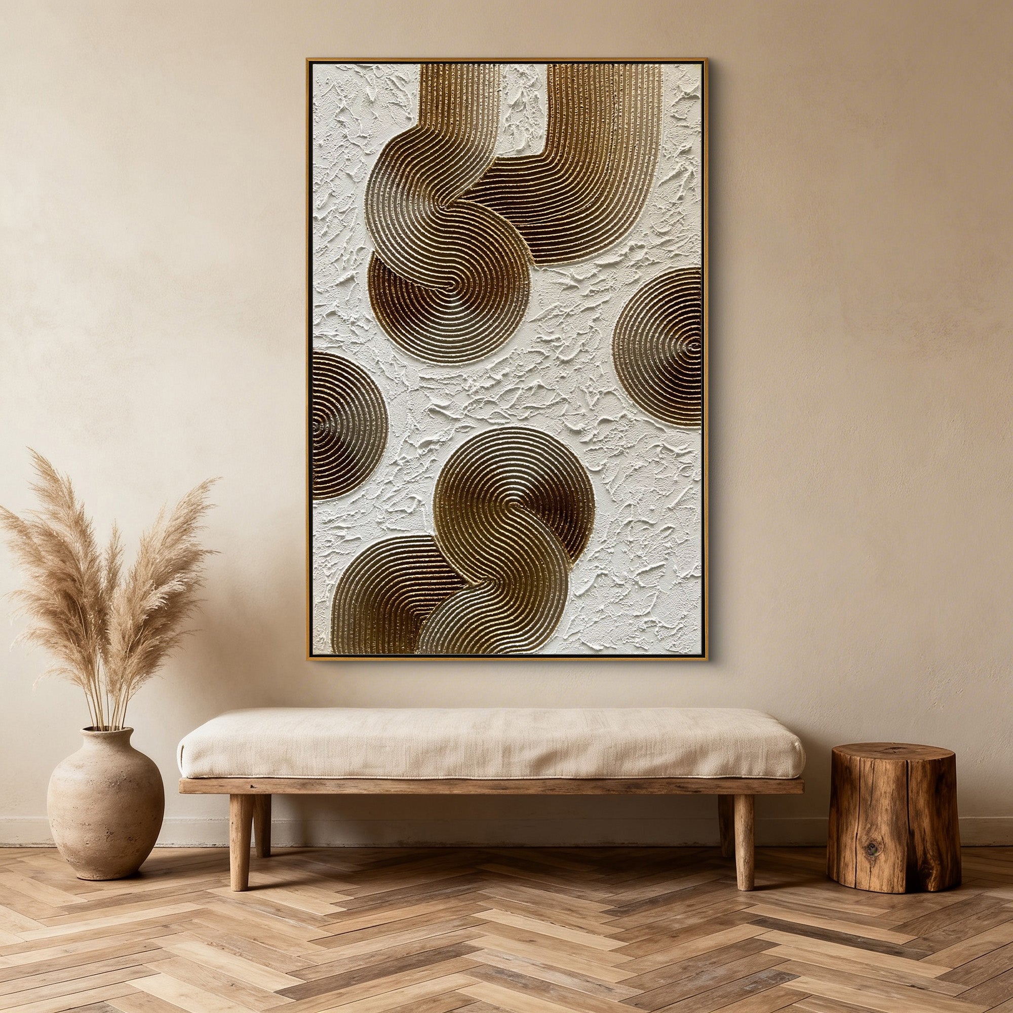 BRONZE RHYTHM: Heavy Texture Bronze Plaster Art, Mid-century Modern Geometric Painting