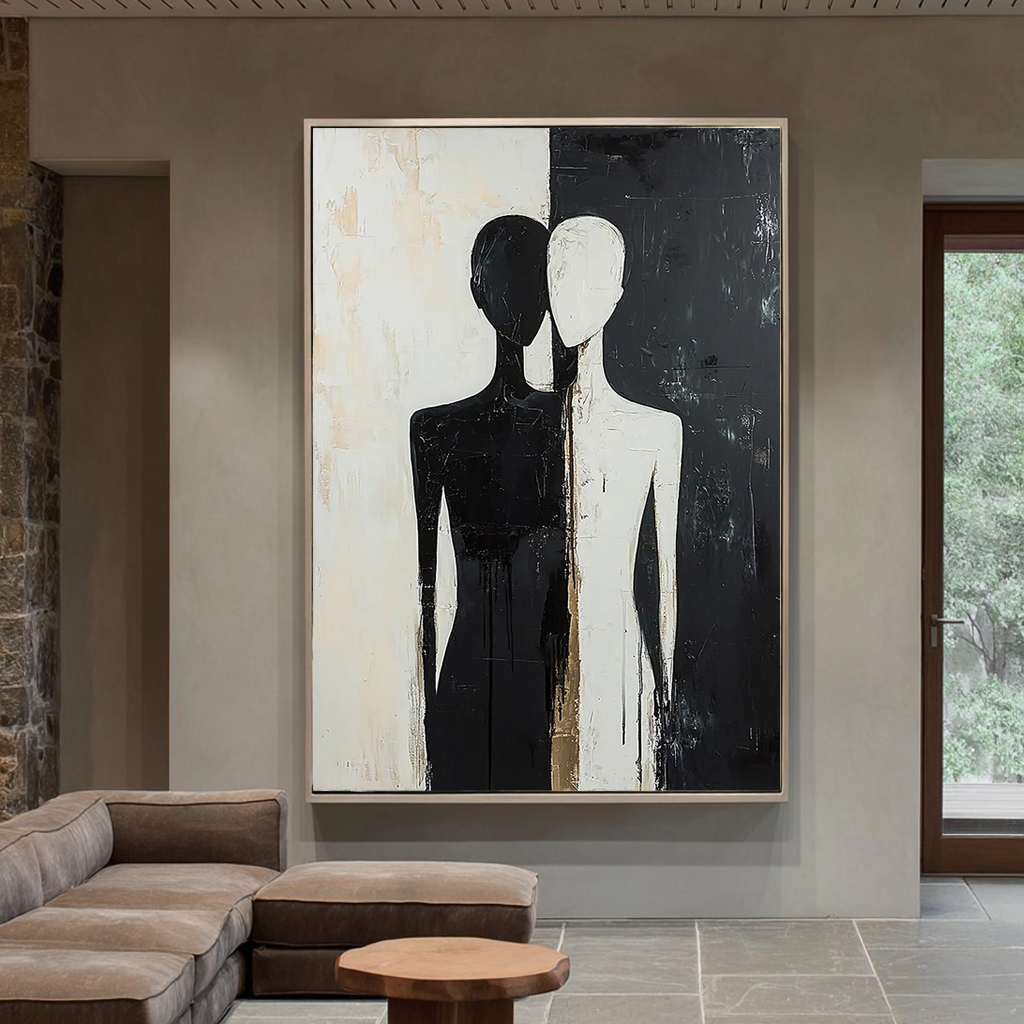 Dual Souls – Minimalist Black & White Abstract Figures Art | Modern Luxury Living Room Art