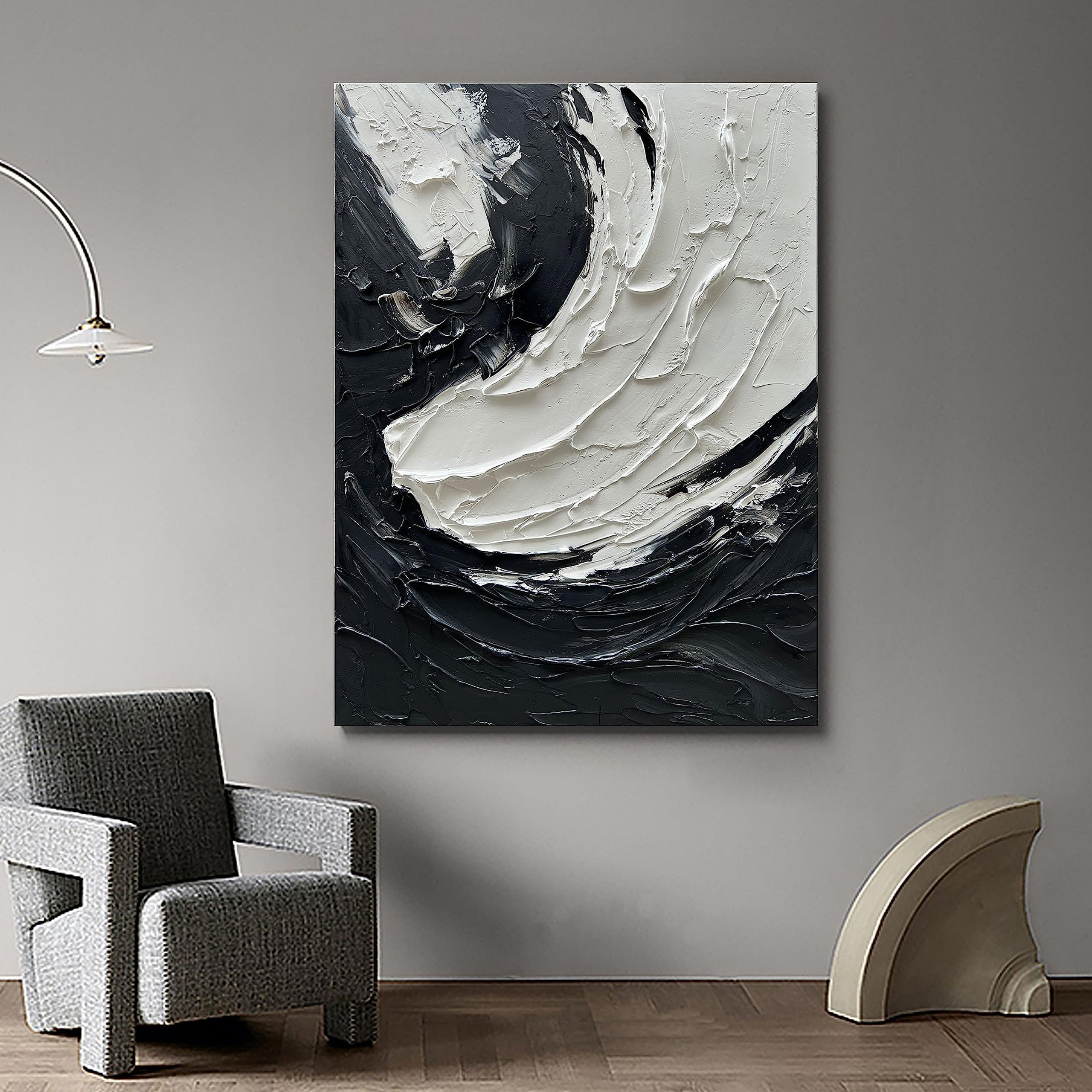 ZEN FLOW: 3D Heavy Texture Black and White Wall Art, Modern Impasto Swirl Relief