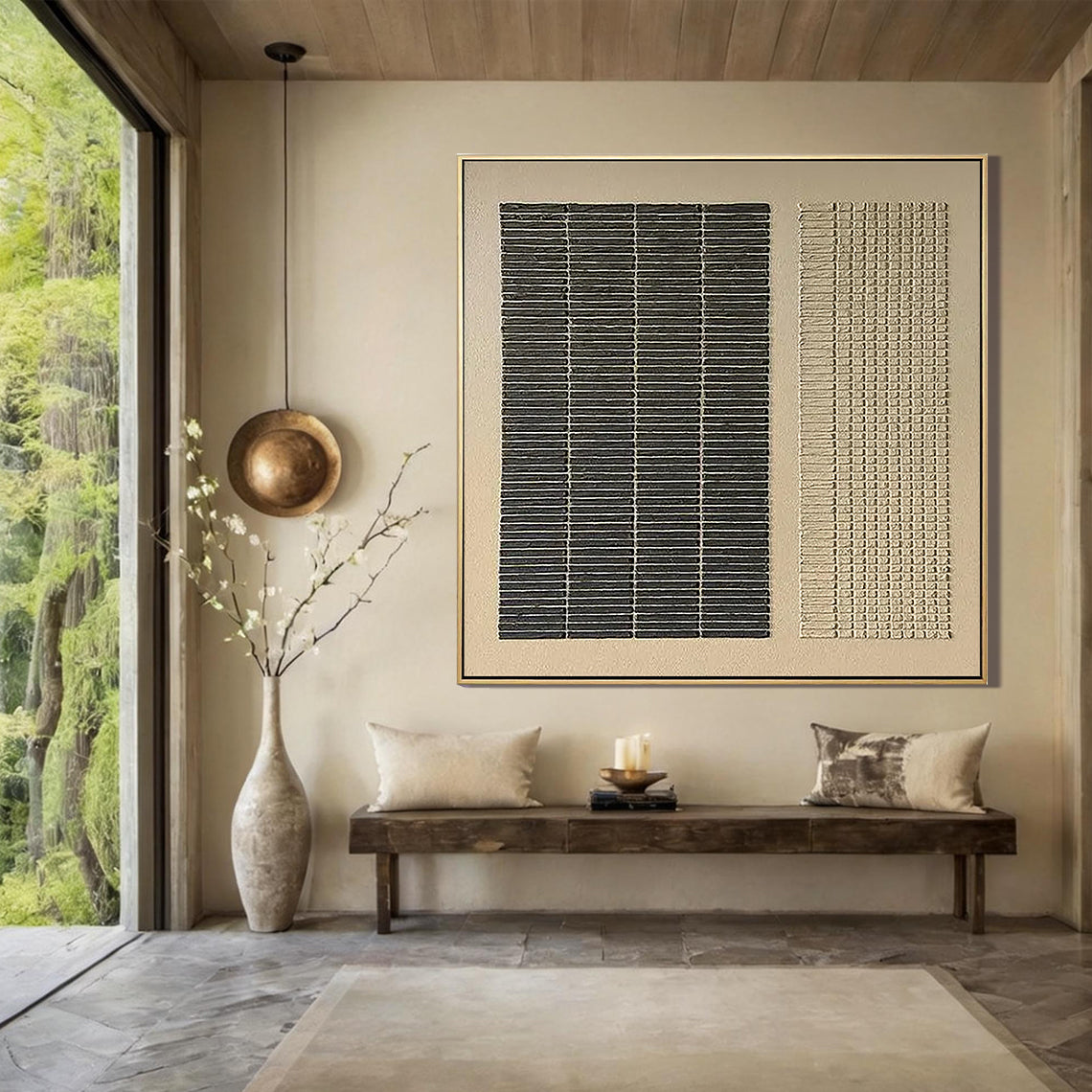 Onyx & Sand – Black & Neutral Plaster Relief Wabi-Sabi Painting | Japandi Organic Wabi-Sabi Living Room & Hallway Art