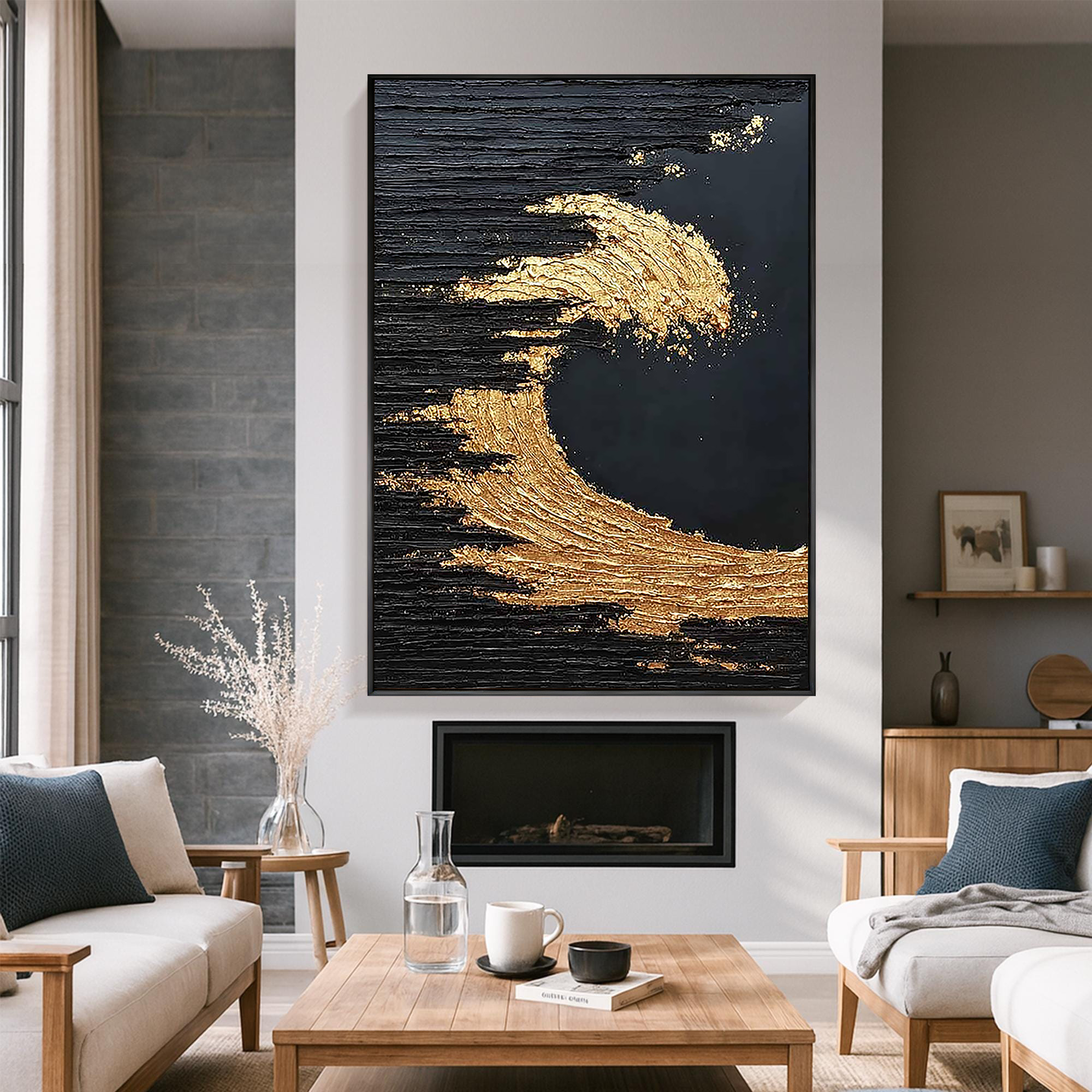 Golden Surge – Modern Black-and-Gold Textured Painting | Light-Luxury Abstract Hallway Art