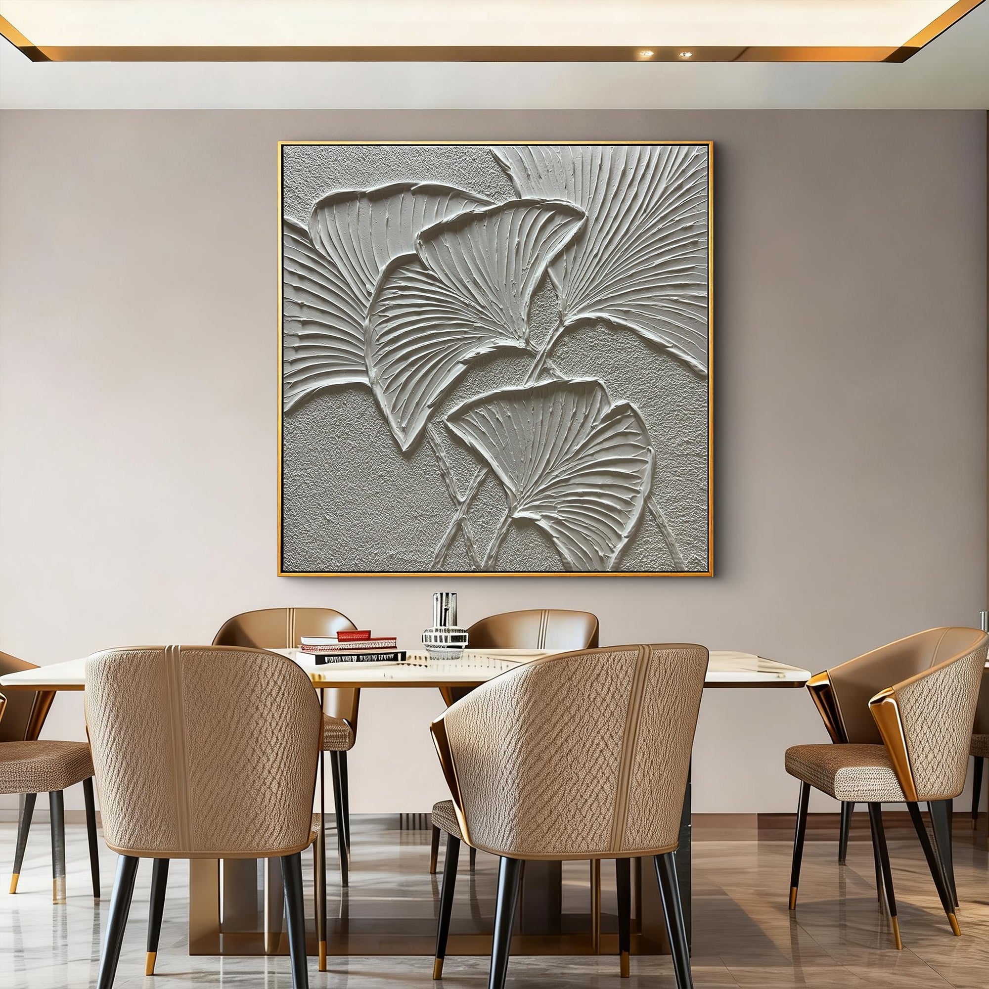 Ginkgo Whisper – Modern Minimalist Ginkgo Leaf Textured Painting | Wabi-Sabi Sculptural Hallway Art