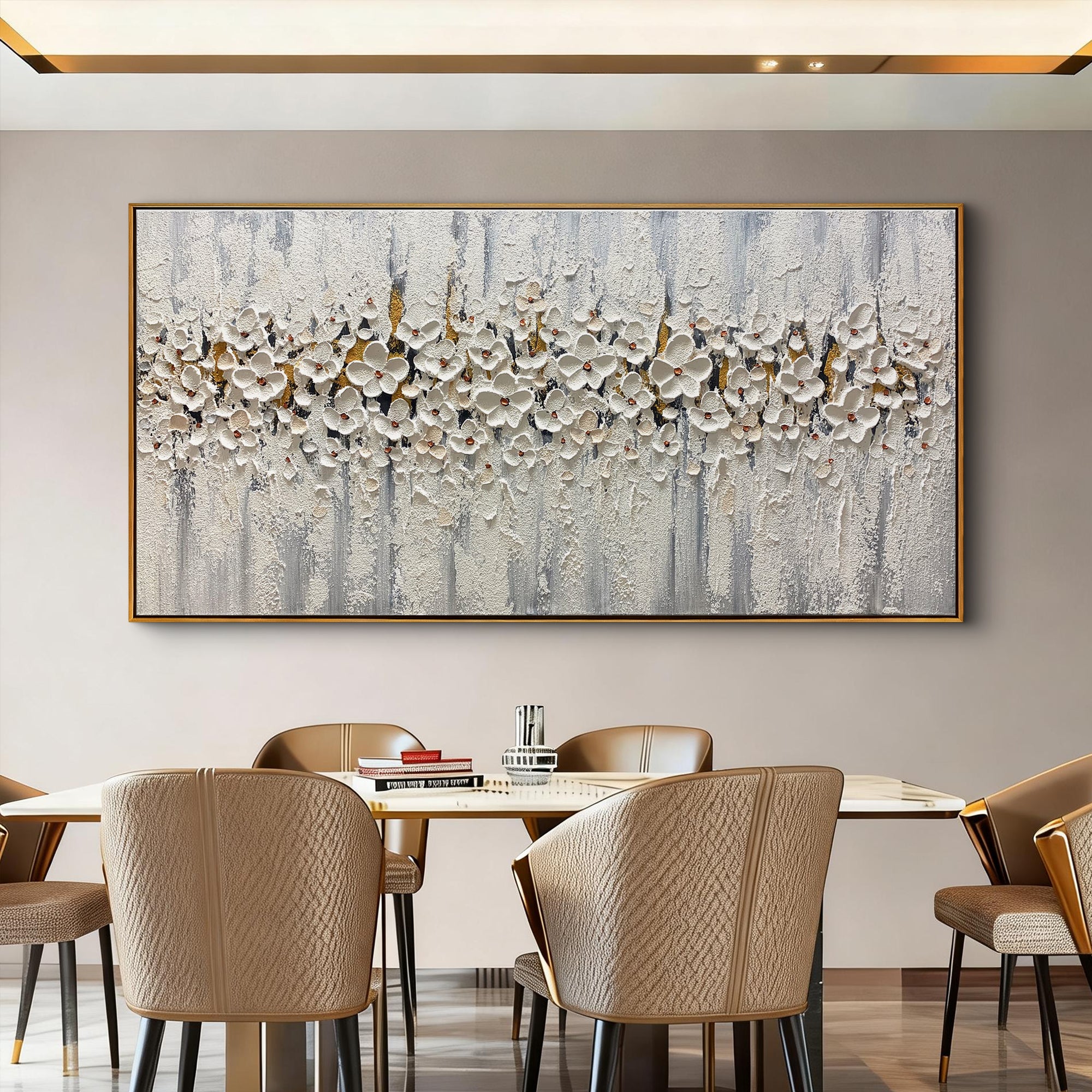 White Night Symphony – Modern Heavy Impasto White Flowers Painting | Luxury Panoramic Living Room Art