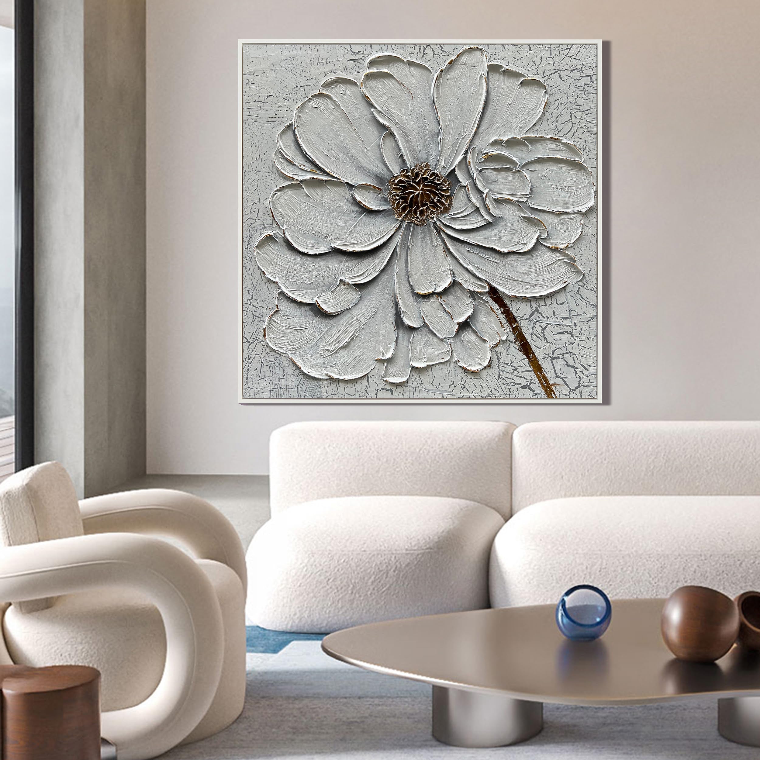 GOSSAMER BLOOM: 3D Heavy Texture Peony Wall Art, White Petal Relief with Gold Accents