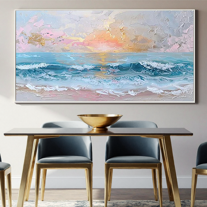 Pastel Sunset – Hand-Painted Sunset Ocean Wave Palette Knife 3D Seascape Painting | Coastal Modern Living Room & Bedroom Art