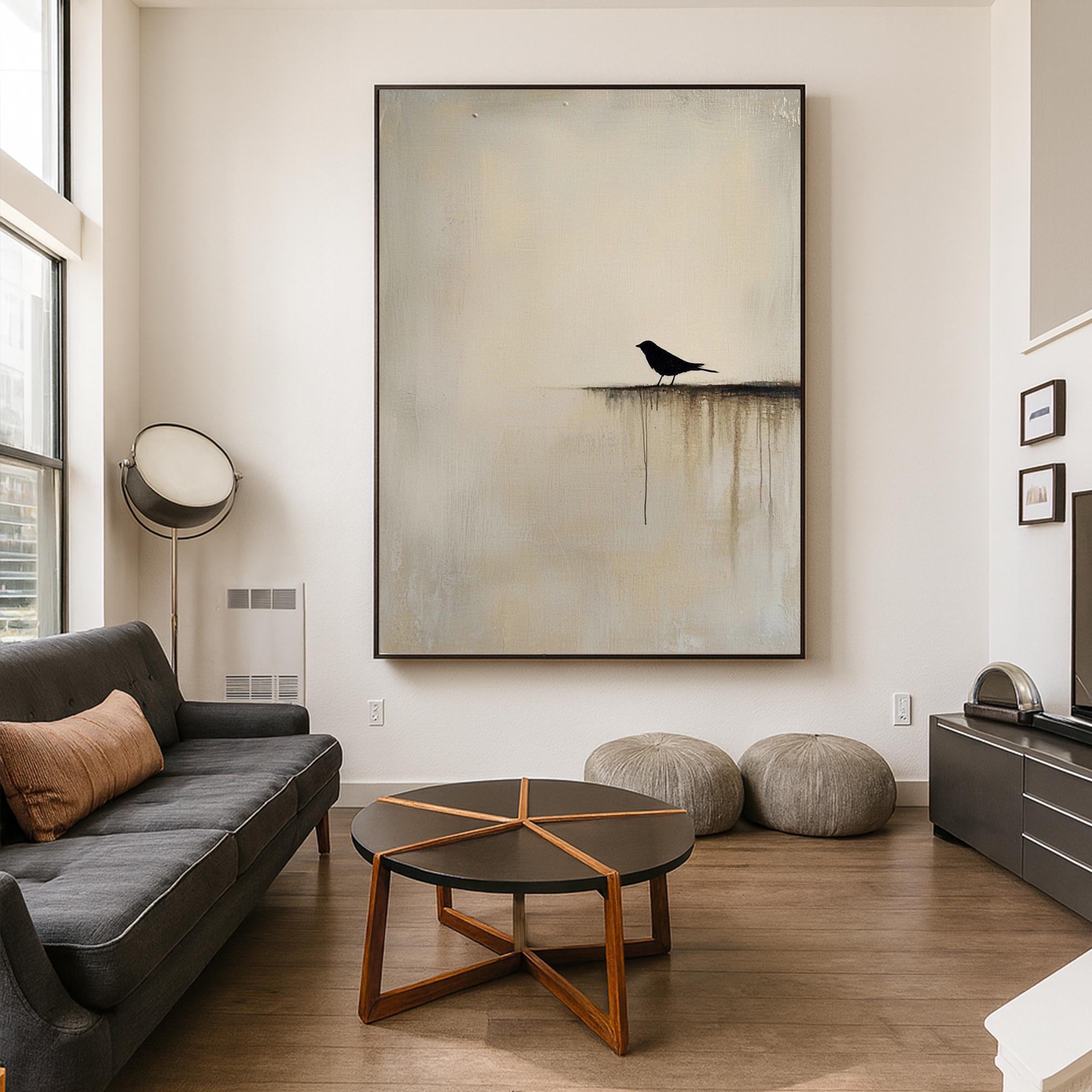 The Silent Roost – Wabi-Sabi Minimalist Solitary Bird Painting | Modern Warm Grey Home Office Art