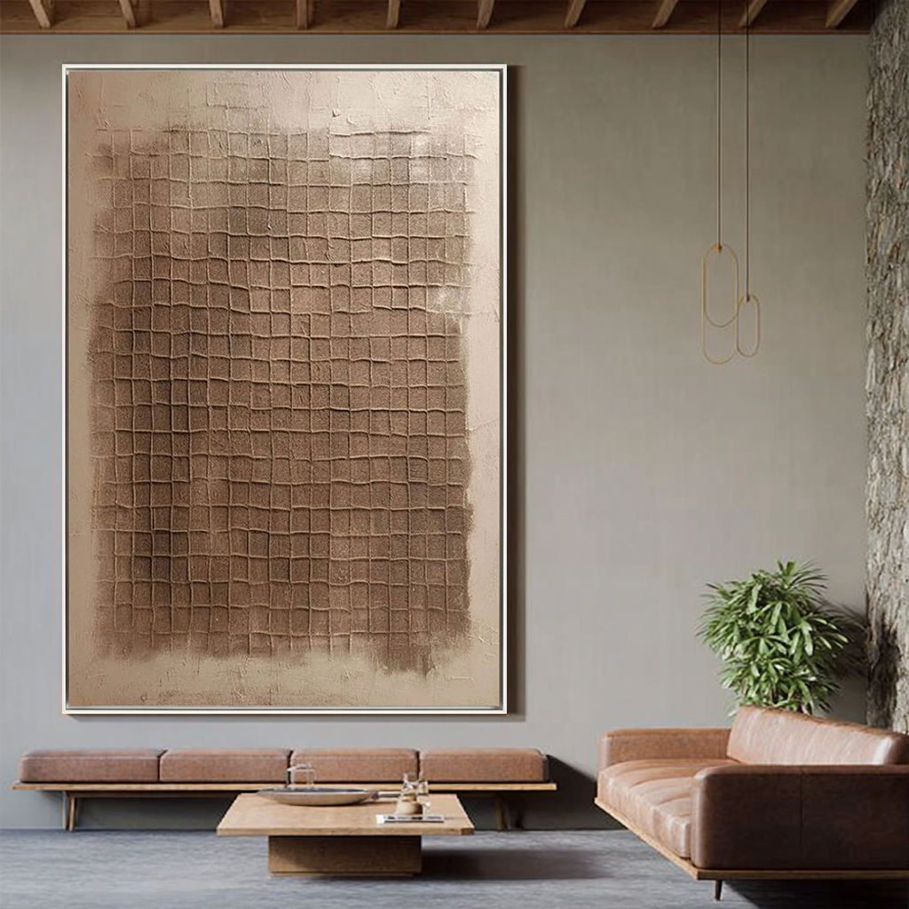 Ancient Texture – Earthy Tone Plaster Relief Grid Wabi-Sabi Painting | Japandi Organic Wabi-Sabi Living Room & Hallway Art