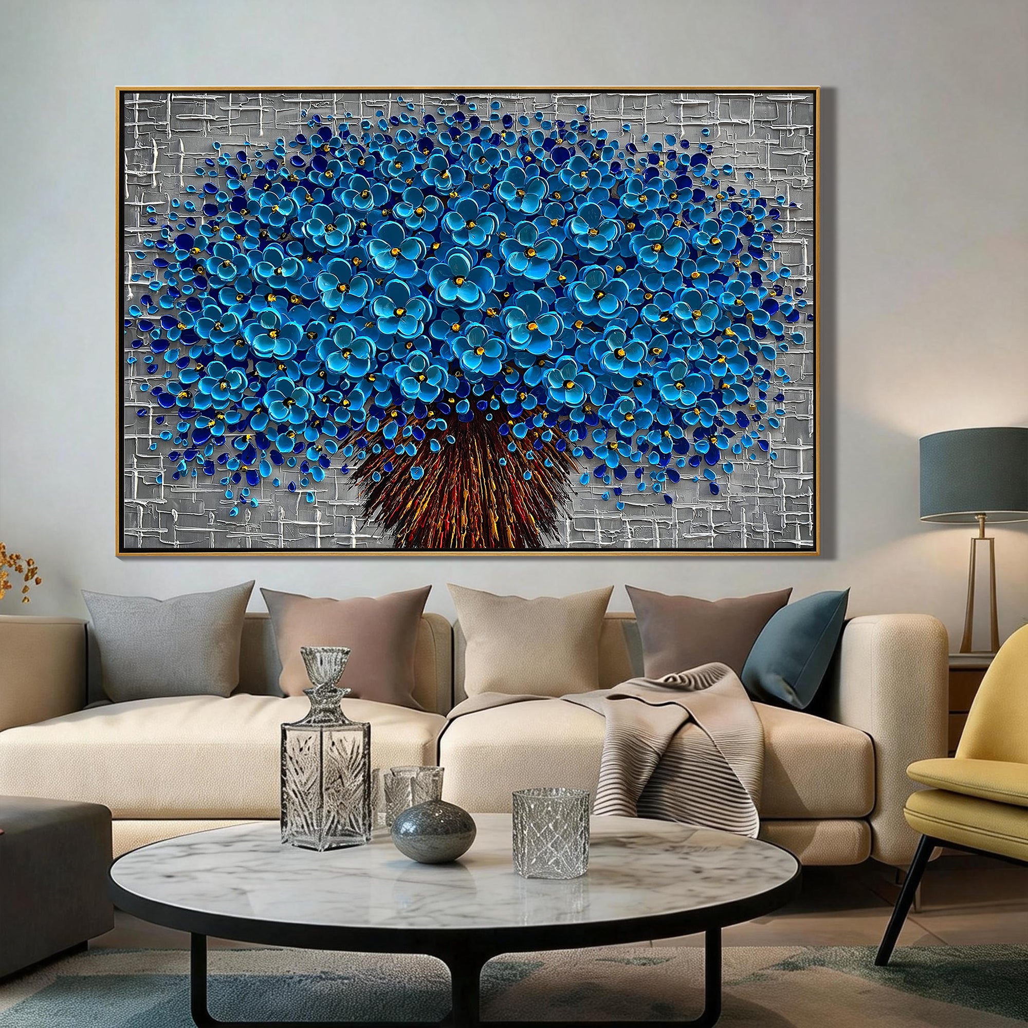 Cerulean Bloom – Modern Floral Relief Floral Painting | Contemporary Botanical Bedroom & Living Room Art
