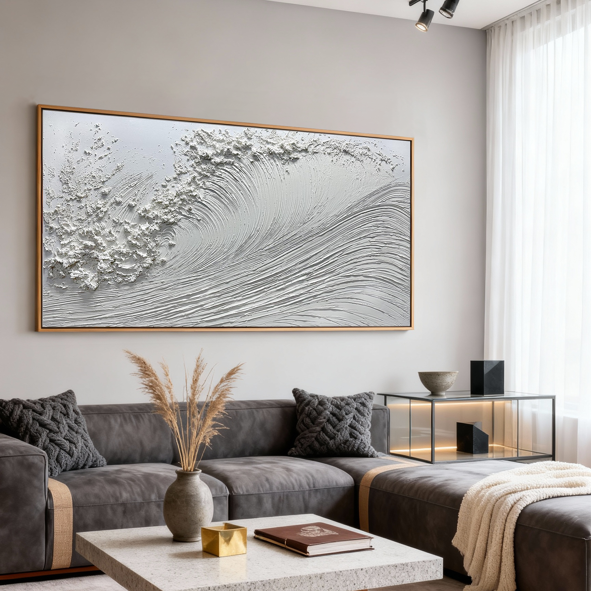 WHITE CREST: Panoramic 3D Plaster Texture Wave Wall Art, Modern Ocean Relief Painting