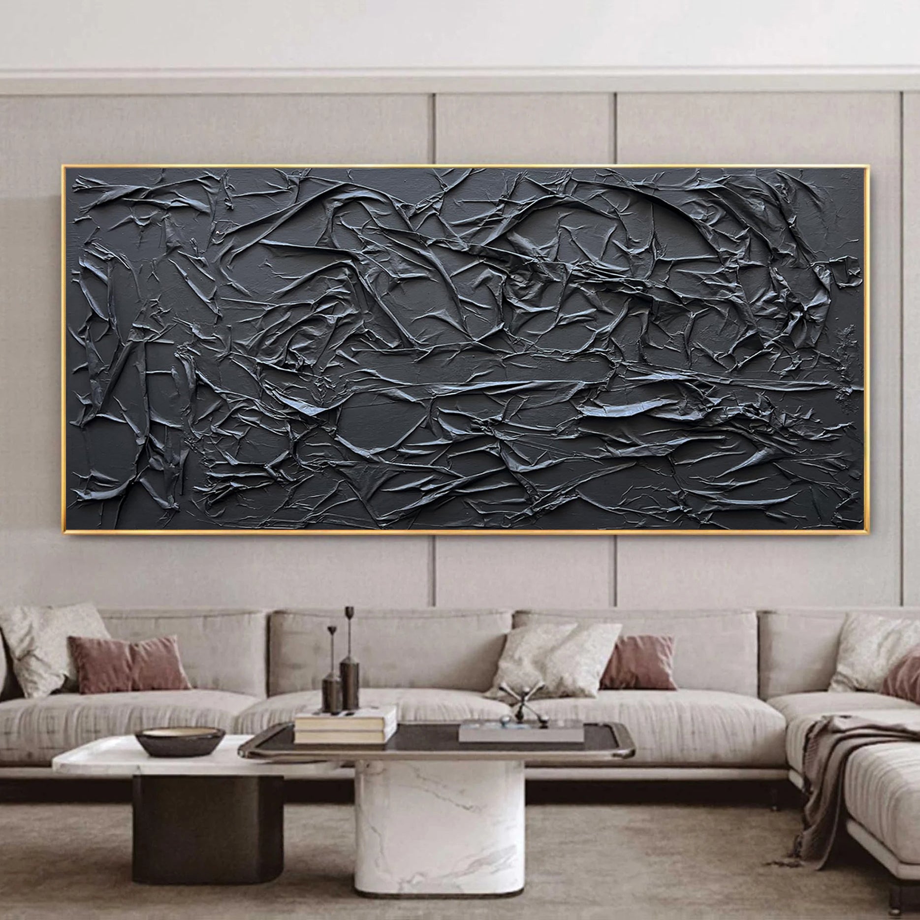 Onyx Ridge – Modern Obsidian Plaster Relief Abstract Painting | Industrial Abstract Home Office & Living Room Art