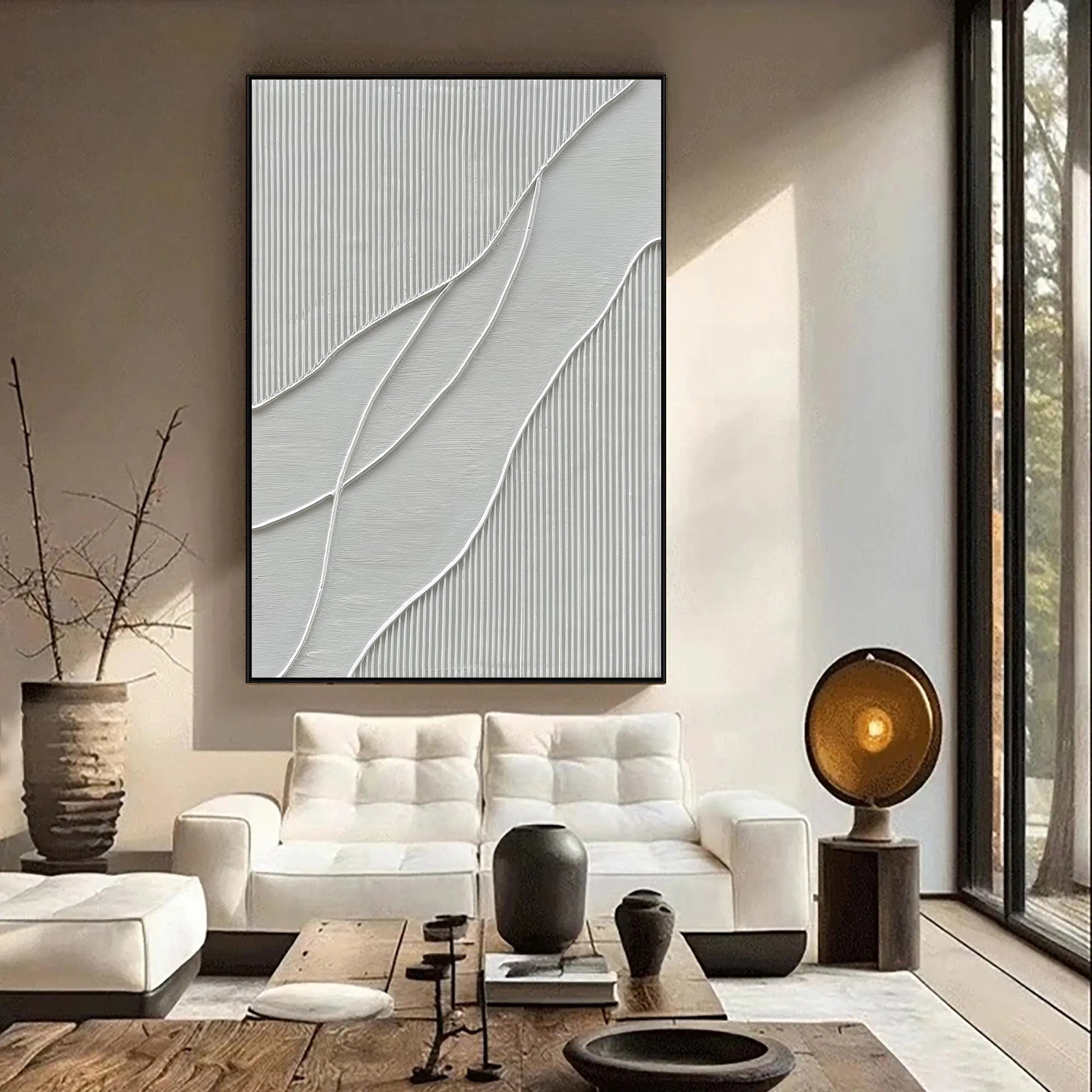 LINEAR SILENCE: Modern 3D Linear Plaster Wall Art, Minimalist Wave Relief Painting
