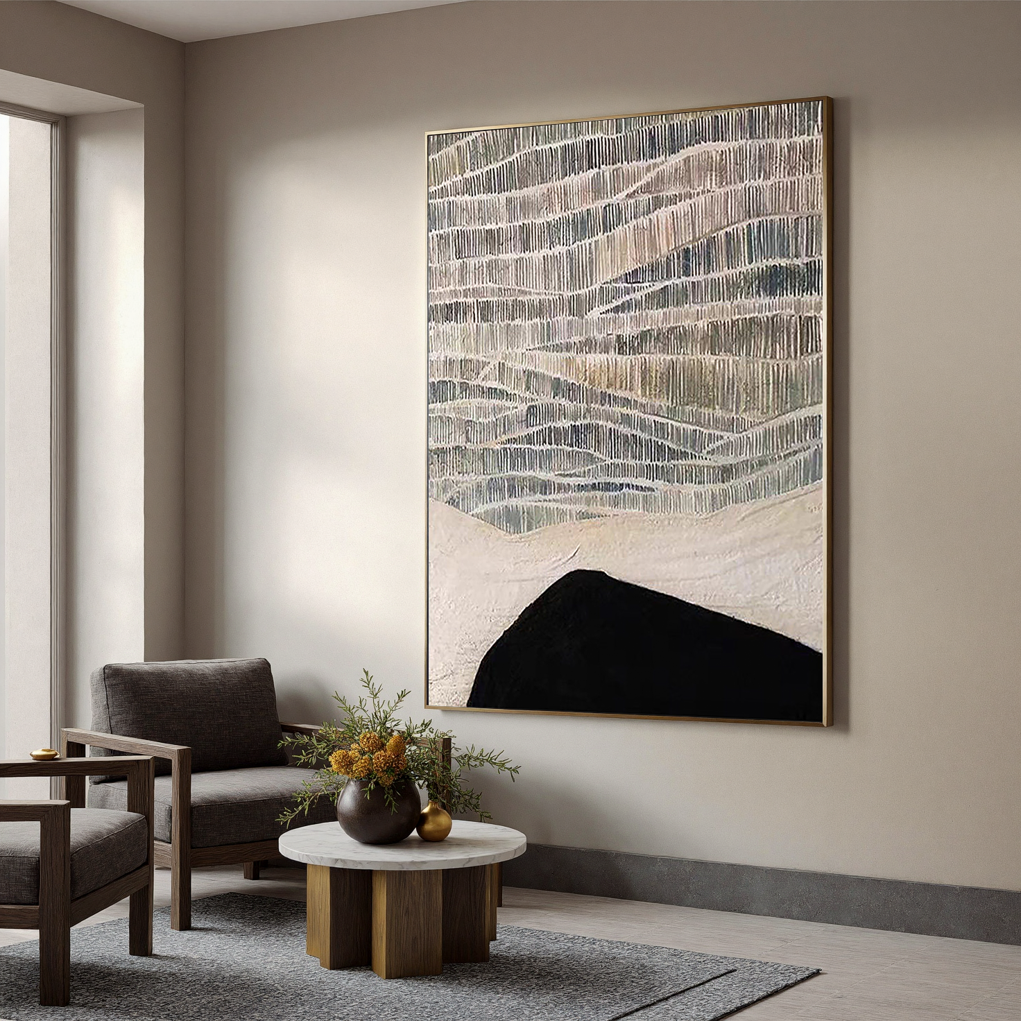 Silent Hill – Wabi-Sabi Style Black-and-White Minimalist Painting | Modern Abstract Living Room Art