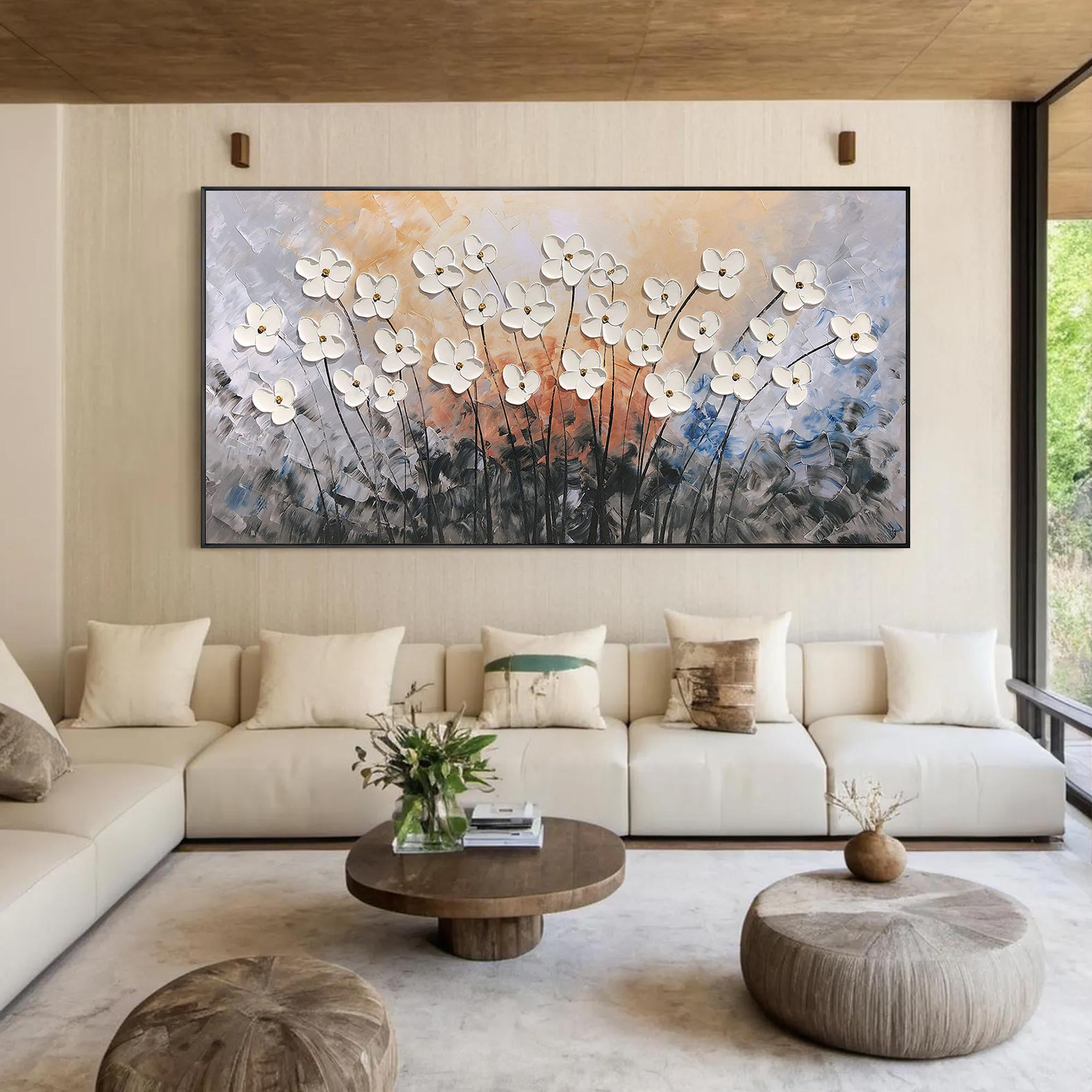 Amber Radiance – Sunset Background Flower Relief Floral Painting | Contemporary Botanical Bedroom & Living Room Art