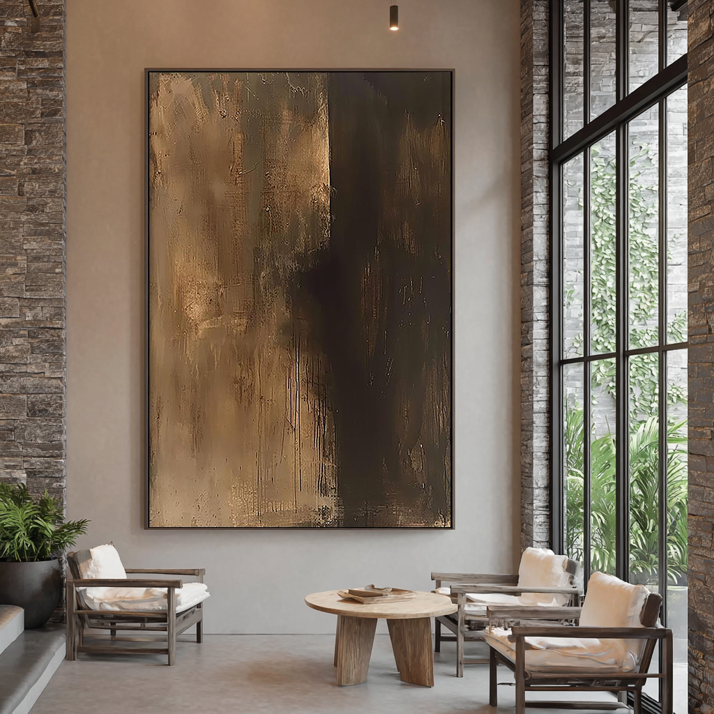Earthen Shadow – Hand-Painted Deep Coffee Brown Plaster Effect Wabi-Sabi Painting | Japandi Wabi-Sabi Living Room & Bedroom Art