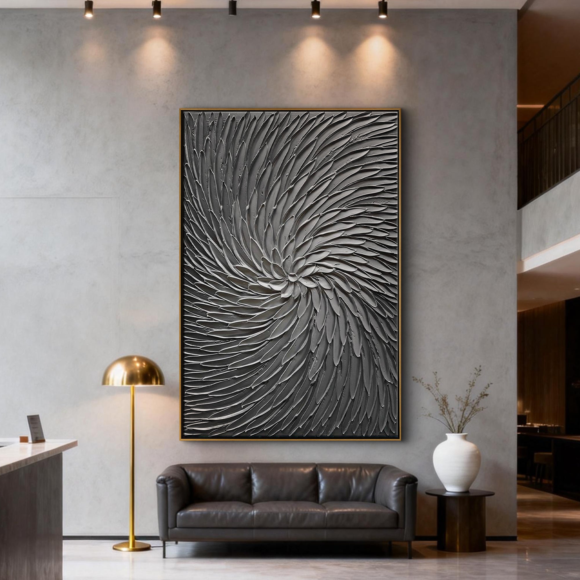 Silver Cyclone – Modern Architectural Gray Heavy Impasto Painting | Luxury Minimalist HallwayArt