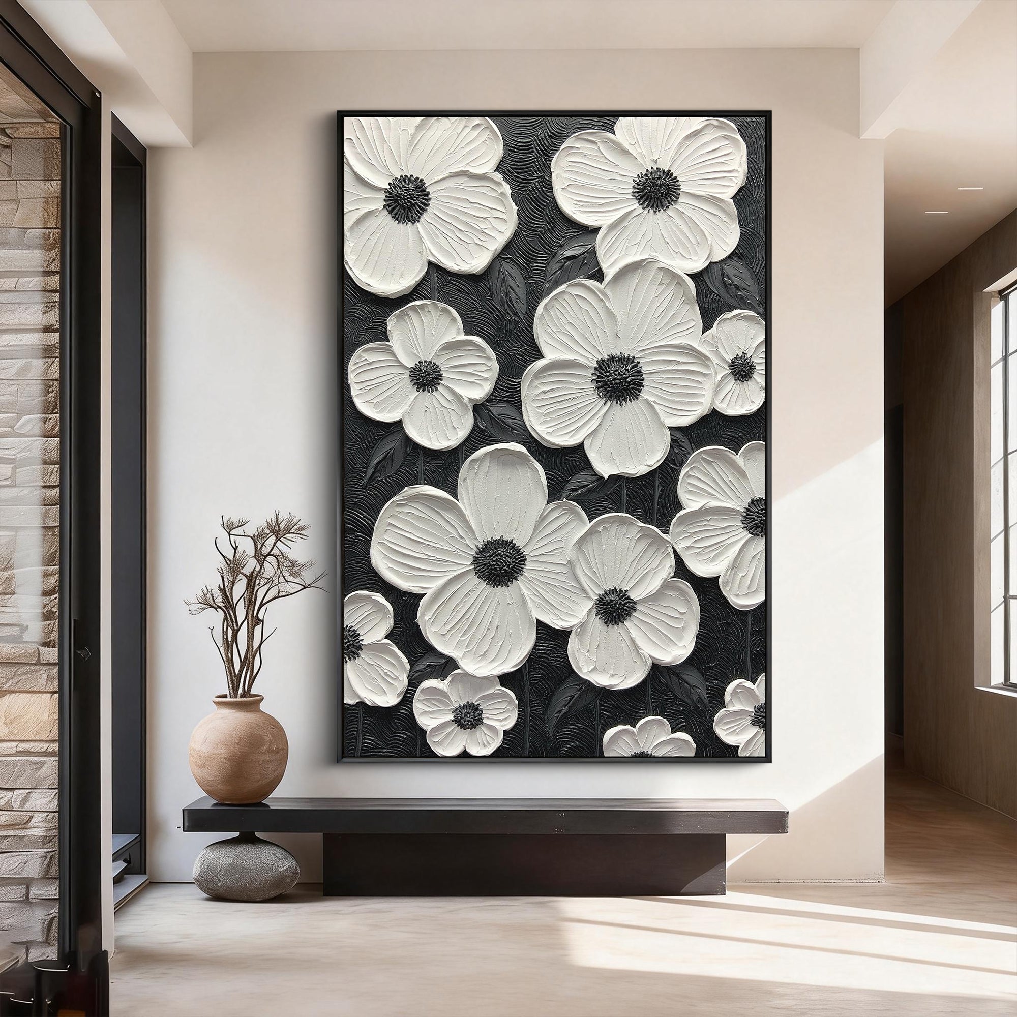 Stark Petals – Sculptural Monochrome Canvas | Ultra-Modern High-Contrast Statement Living Room Art