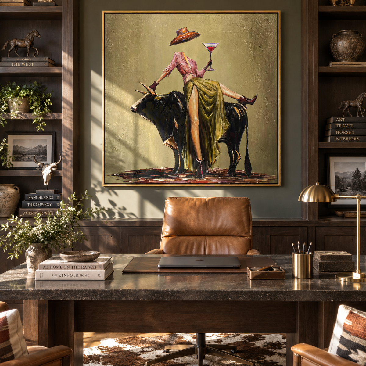Brim Above the Bull – Olive Western Woman and Black Bull Painting | Vintage Americana Square Wall Art