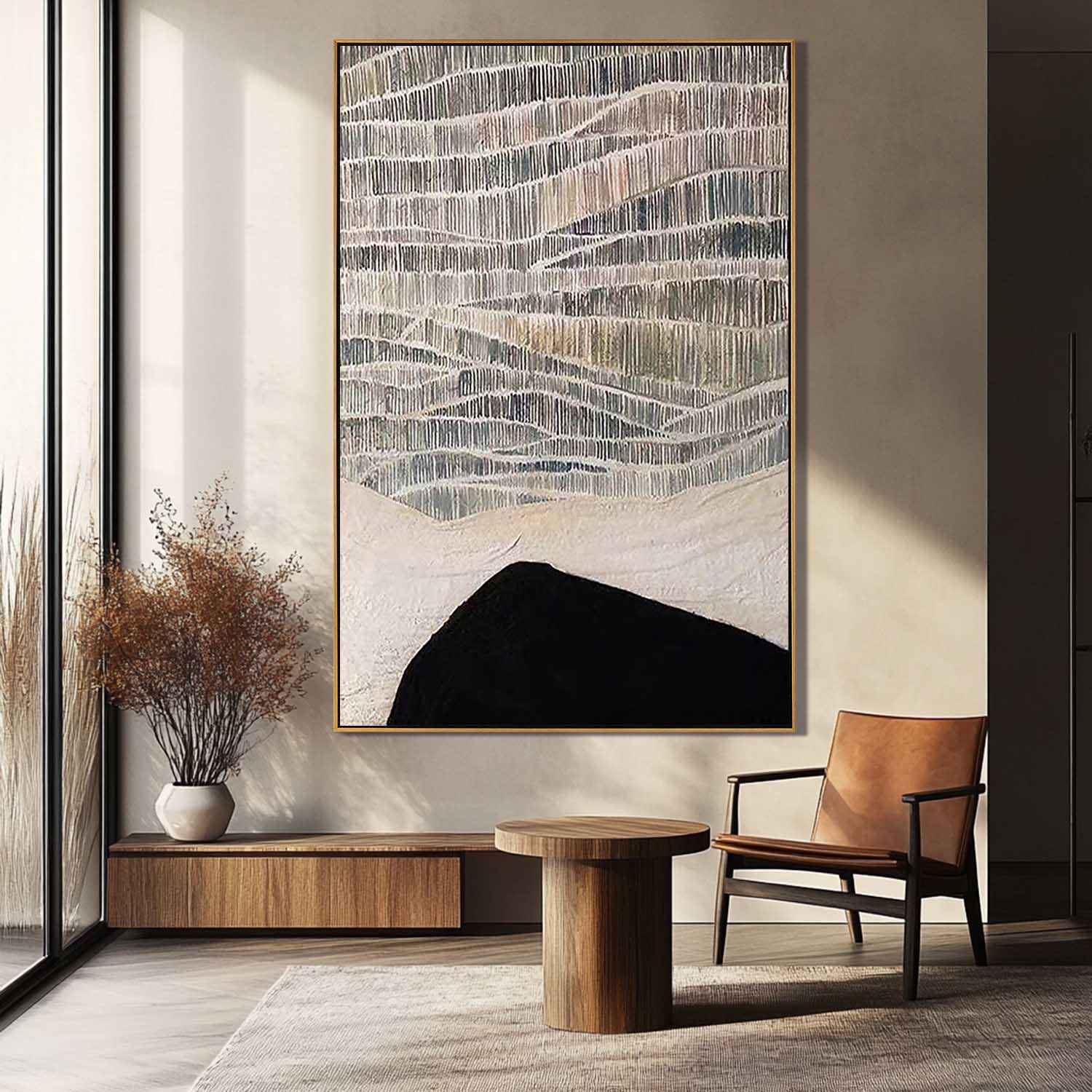 Silent Hill – Wabi-Sabi Style Black-and-White Minimalist Painting | Modern Abstract Living Room Art