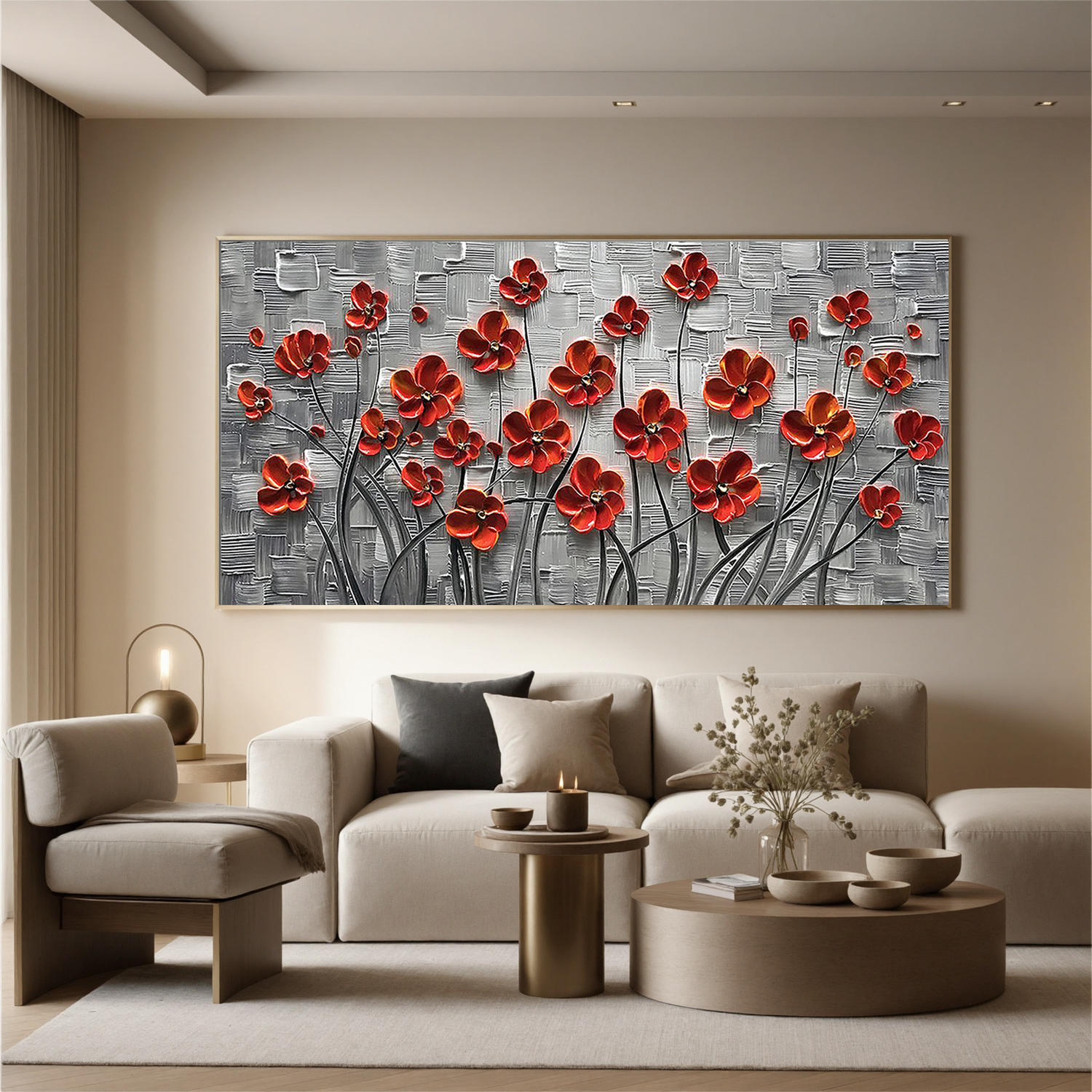 Scarlet Petals – Vibrant Red Flower Relief Floral Painting | Vibrant Botanical Living Room & Dining Room Art