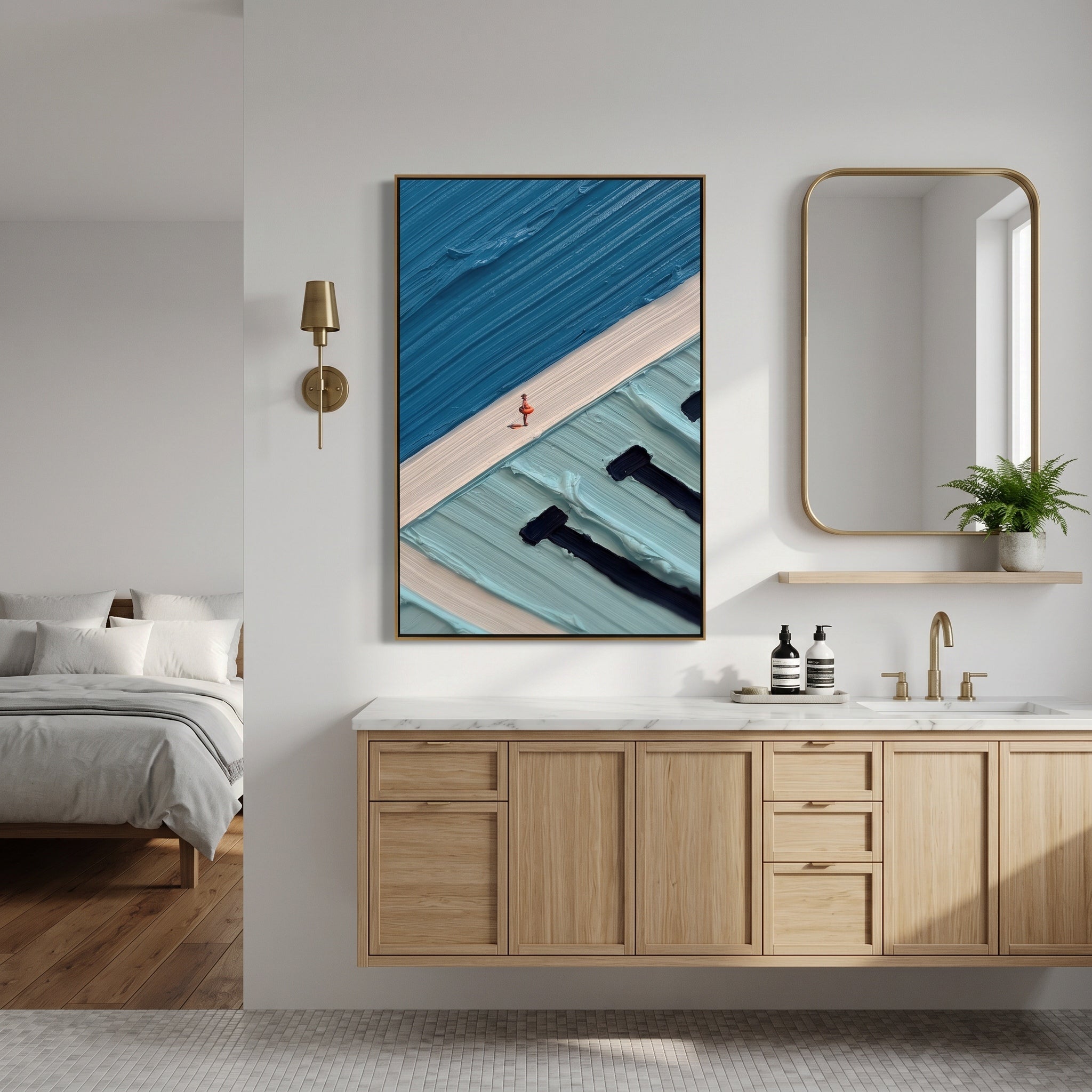 Infinite Azure – Modern Narrative Heavy Impasto Painting | Creative Summer Pool Themed Hallway Art