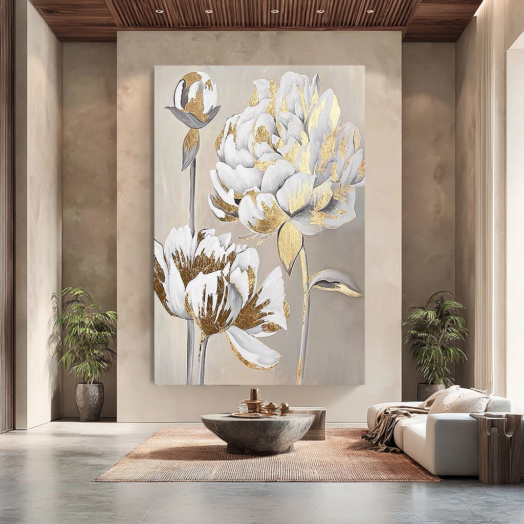 GOLDEN PEONY: Floral Wall Art, Hand-Painted Off-White and Gold Foil 3D Relief Plaster Effect Gallery Art