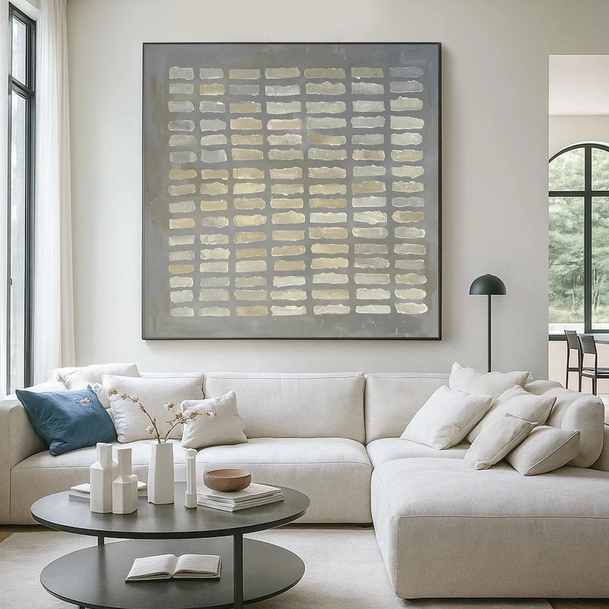 Whispered Matrix – Wabi-Sabi Slate Grey Minimalist Grid Painting | Modern Geometric Textured Hallway Art