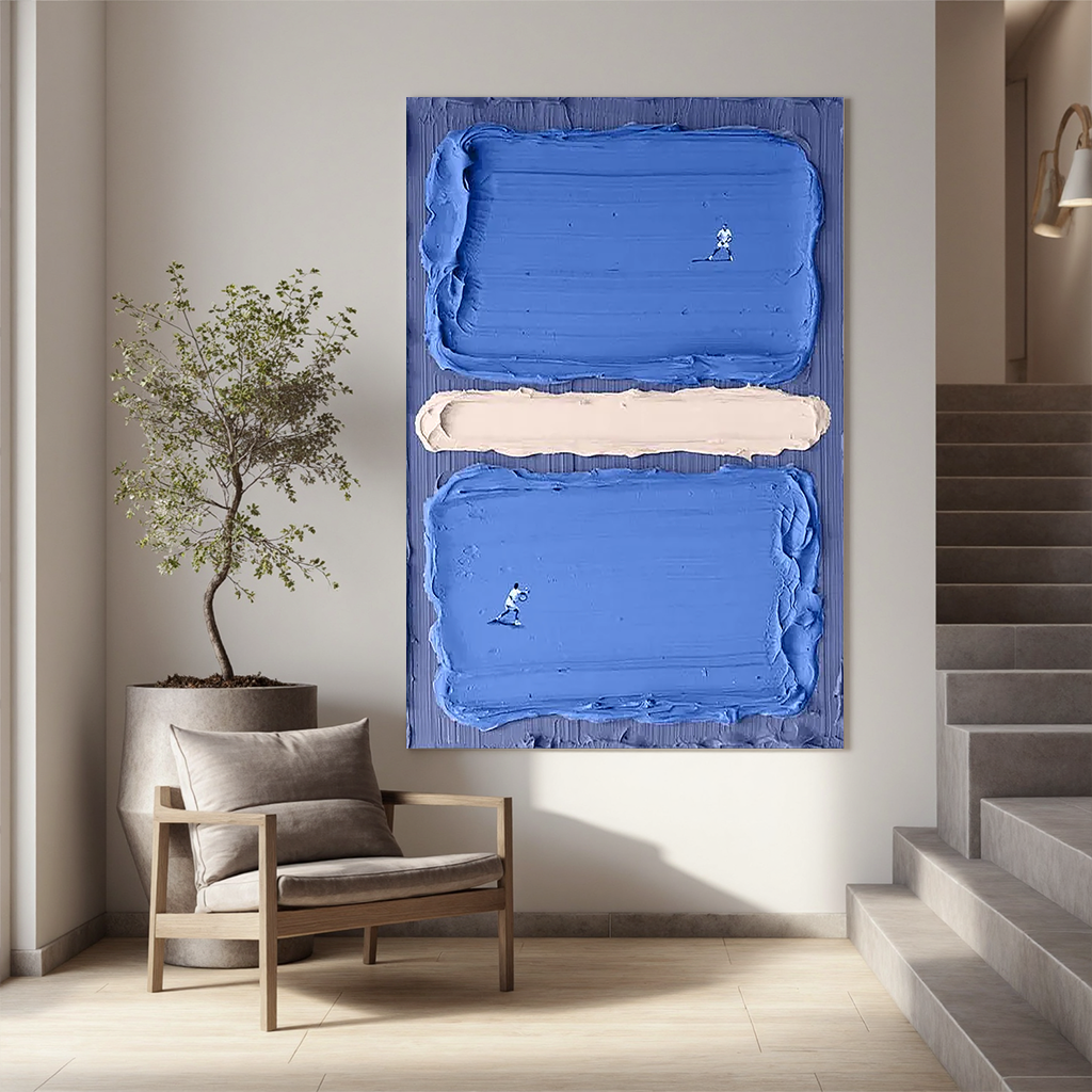 Court Horizon – Hand-Painted Deep Blue Tennis Court Athletes 3D Sport Painting | Contemporary Sport Home Office & Living Room Art