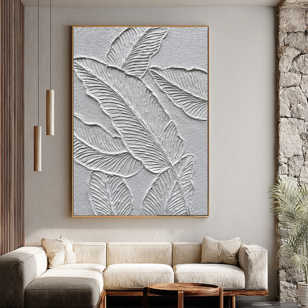 Silver Frond – Modern Botanical Leaf Relief Texture Painting | Contemporary Botanical Bedroom & Living Room Art