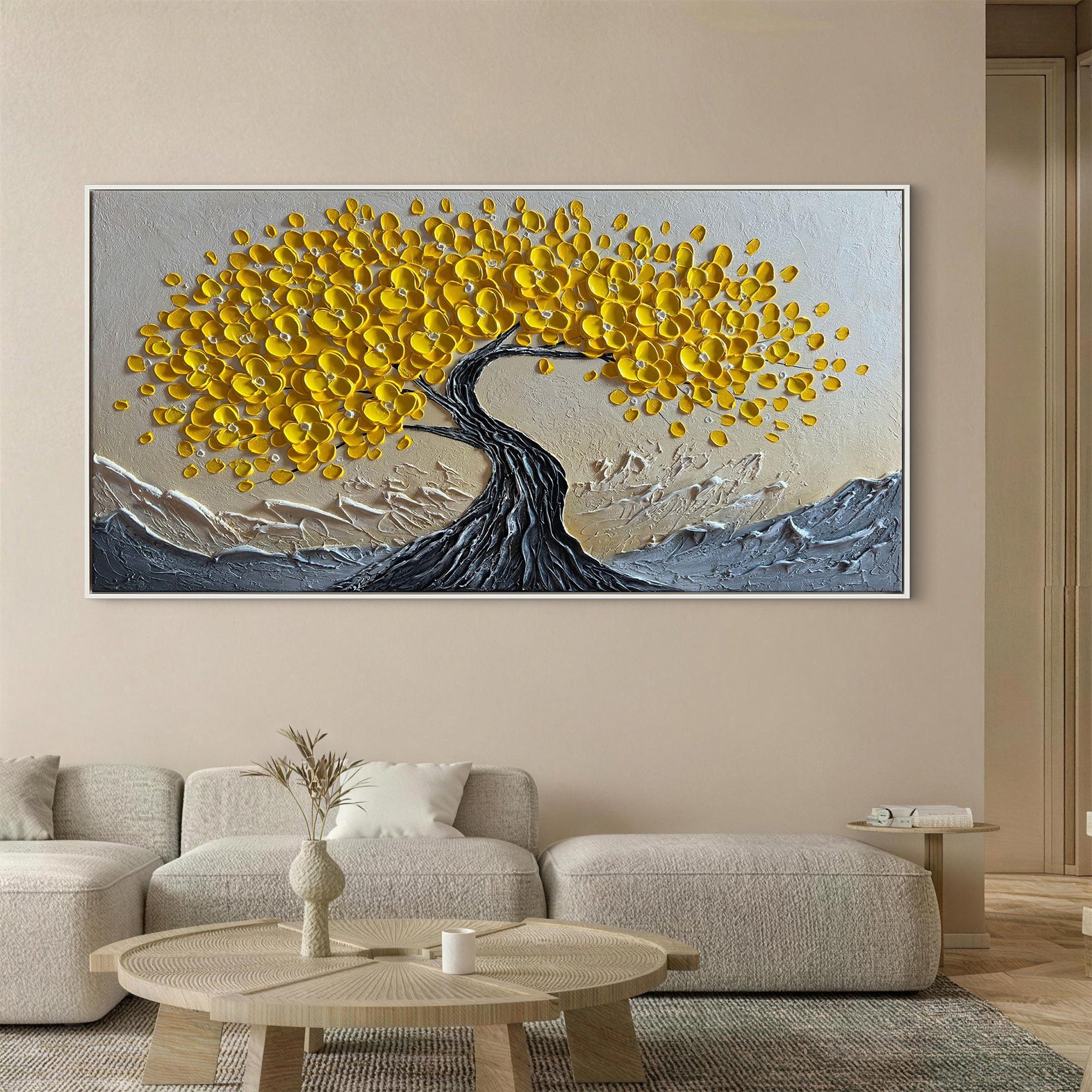Golden Vigor – Yellow Flower Relief Texture Painting | Modern Luxury Botanical Bedroom & Living Room Art