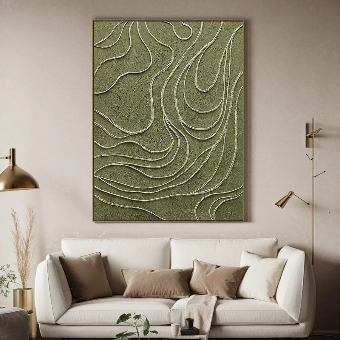Olive Topography – Hand-Painted Sage Green 3D Line Relief Plaster Effect Minimalist Painting | Modern Minimalist Bedroom & Home Office Art