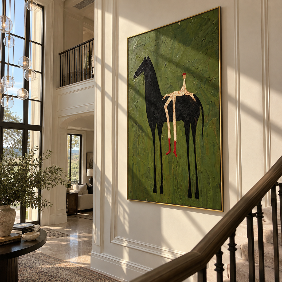The Solitary Dreamer – Surrealistic Black Horse & Red Boots Painting | Modern Minimalist Living Room Art