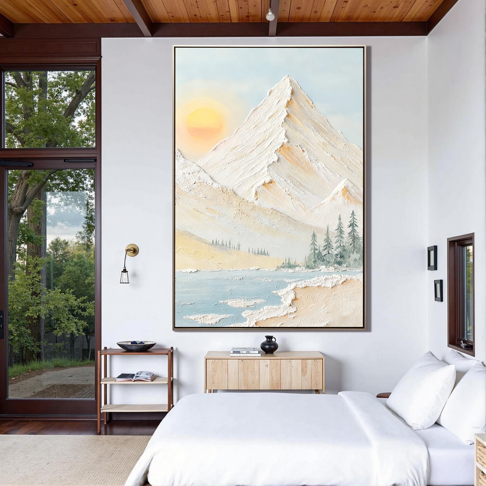 Pale Daylight – Scandinavian Minimalist Sun & Mountain Impasto Painting | Serene Textured Landscape Living Room Art