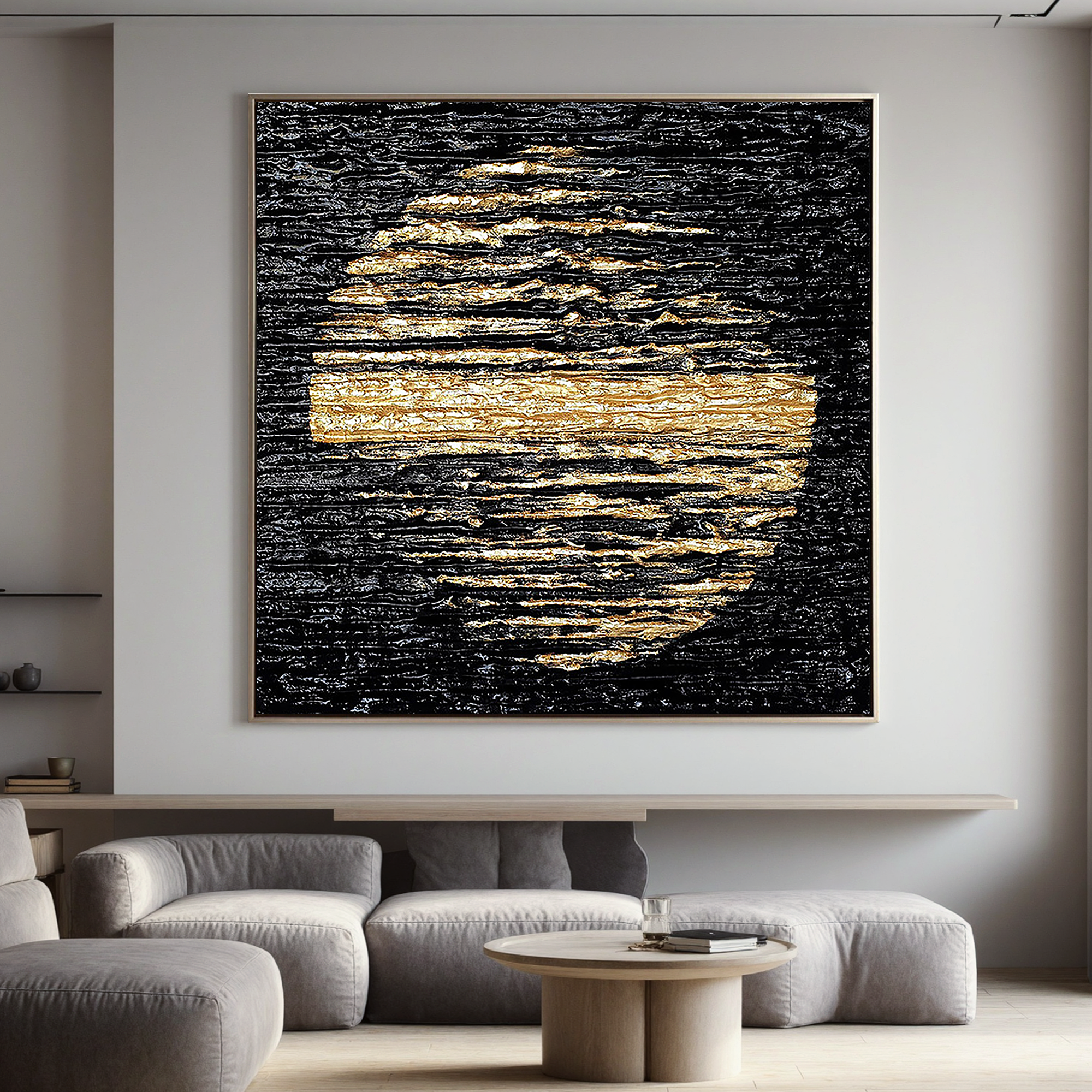Lunar Glow – Modern Black and Gold Textured Painting | Abstract Luxury Dining Room Art