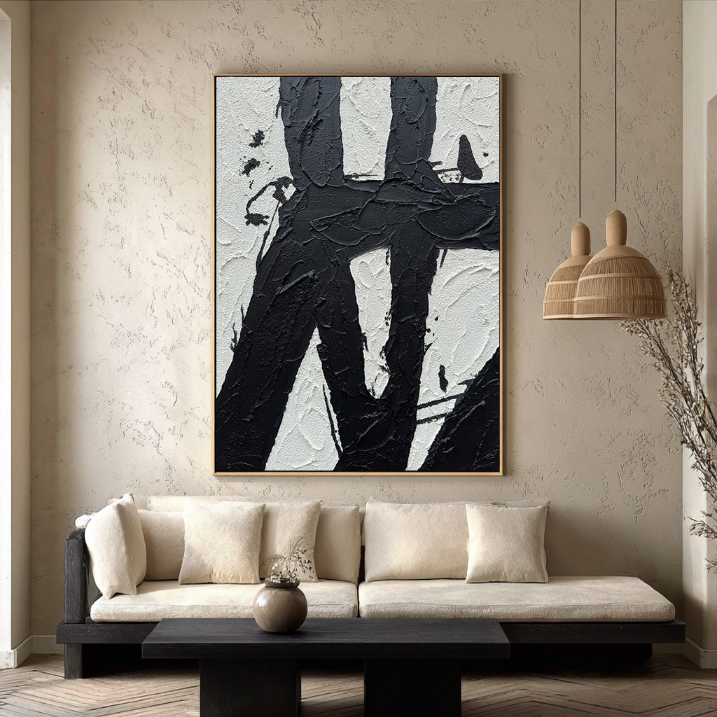 Onyx Stroke – 3D Heavy Texture Black & White Relief Minimalist Painting | Bold Minimalist Bedroom & Home Office Art