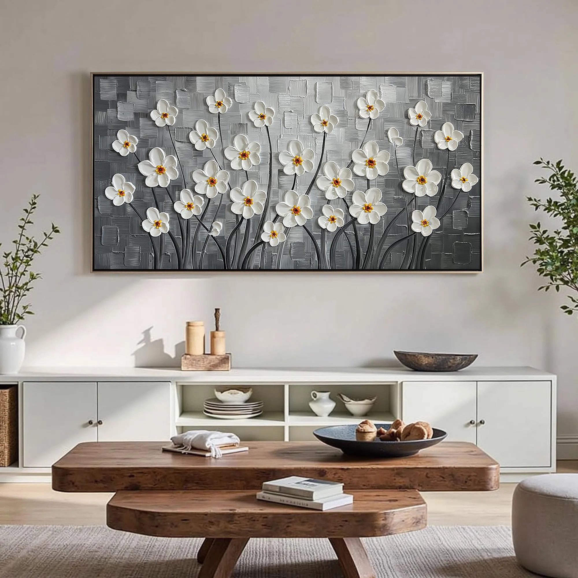 Silver Bloom – White Flower Relief Floral Painting | Contemporary Botanical Bedroom & Living Room Art