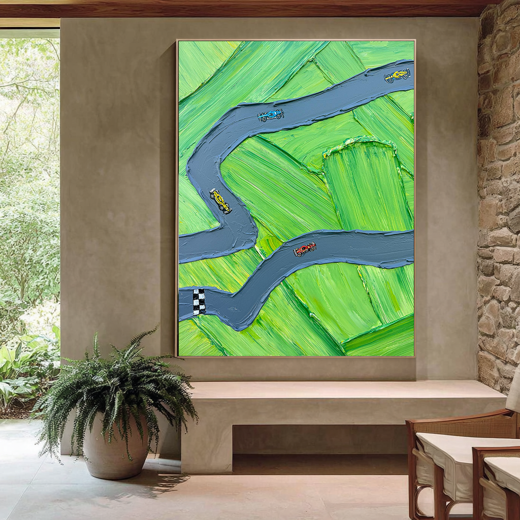 Circuit Breeze – Hand-Painted Green Race Track Minimalist Racing Car Sport Painting | Contemporary Sport Home Office & Living Room Art