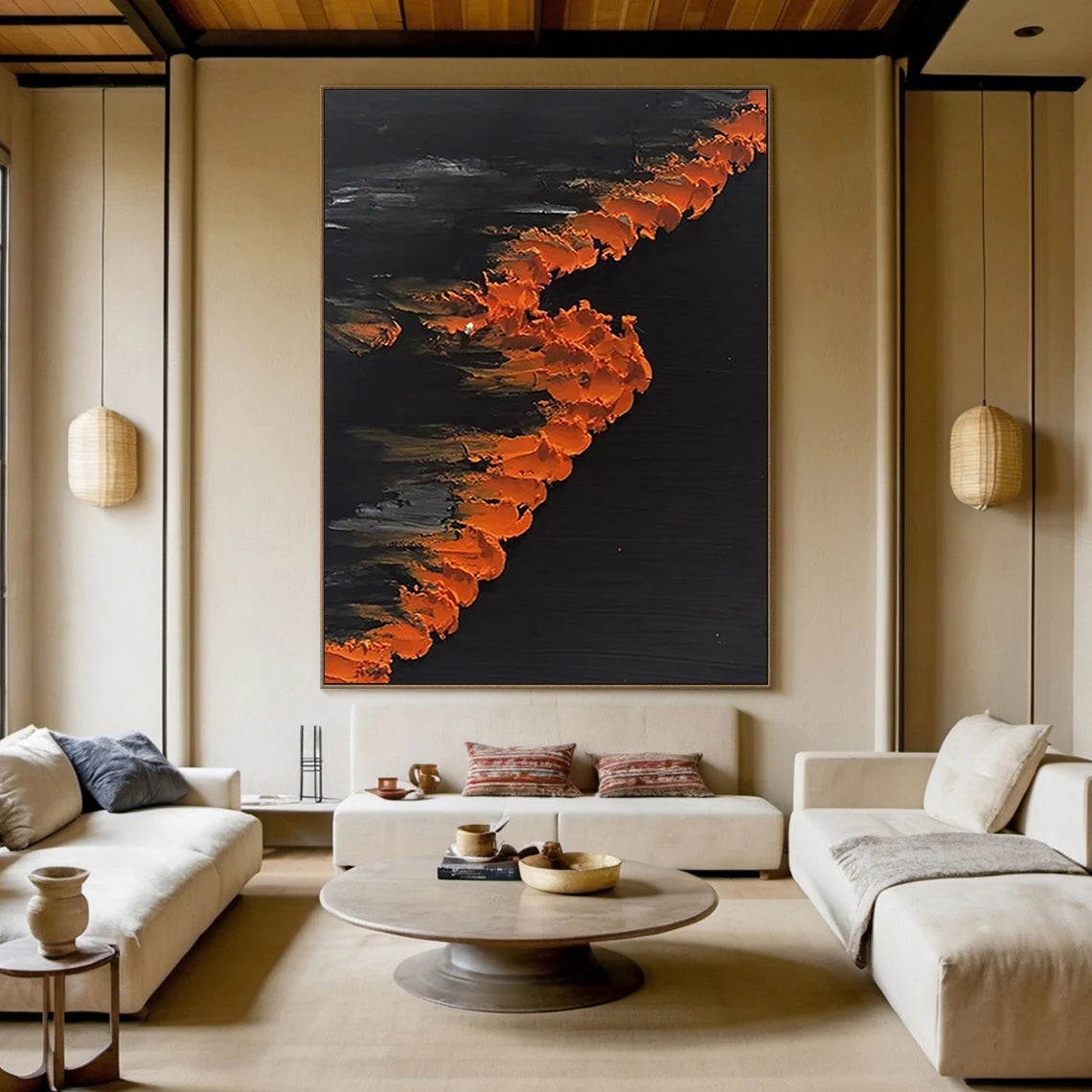 Midnight Flare – Modern Minimalist Black & Orange Impasto Abstract Art | Luxury Dramatic Hallway Art