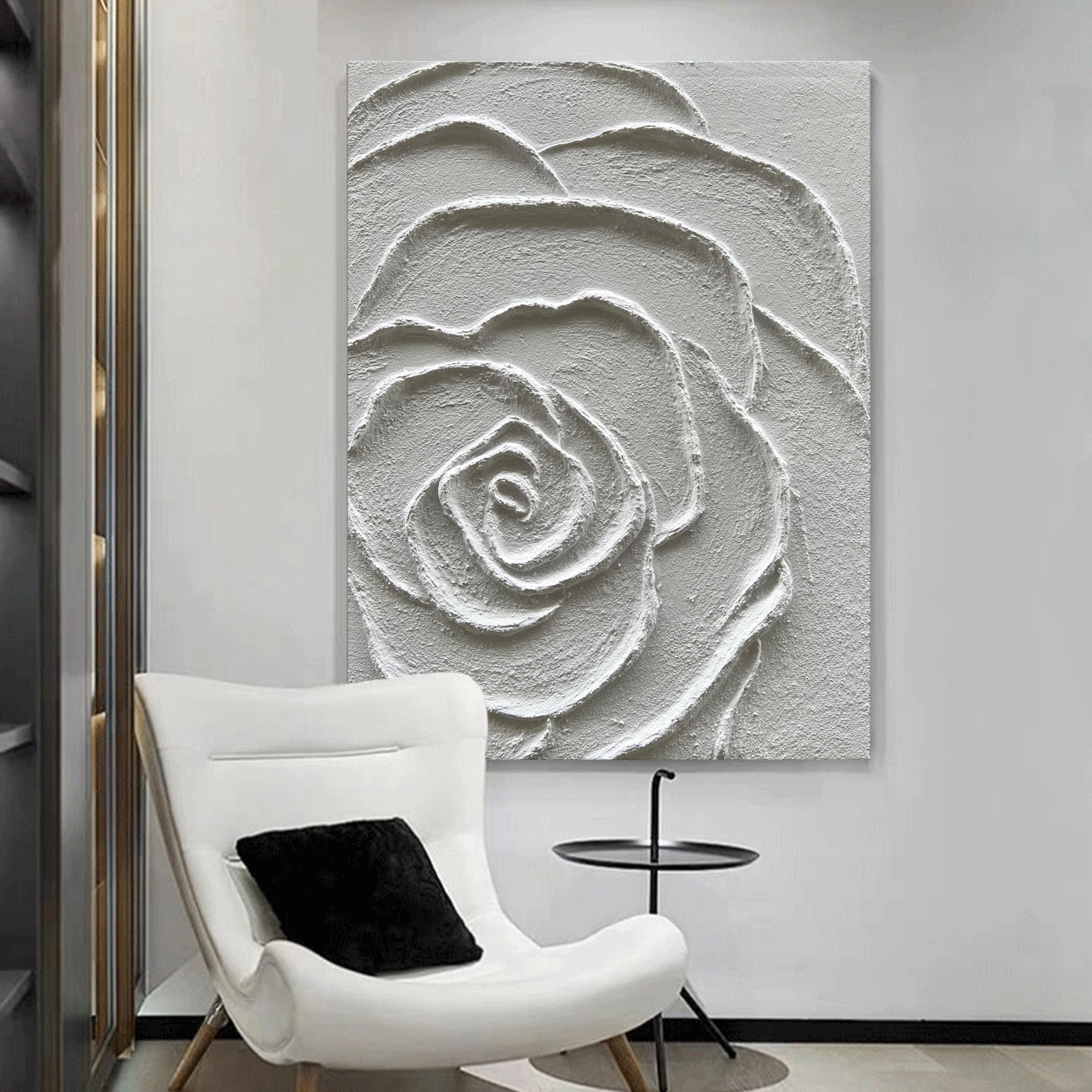 Petal Sculpture – 3D White Rose Relief Minimalist Painting | Contemporary Botanical Bedroom & Living Room Art